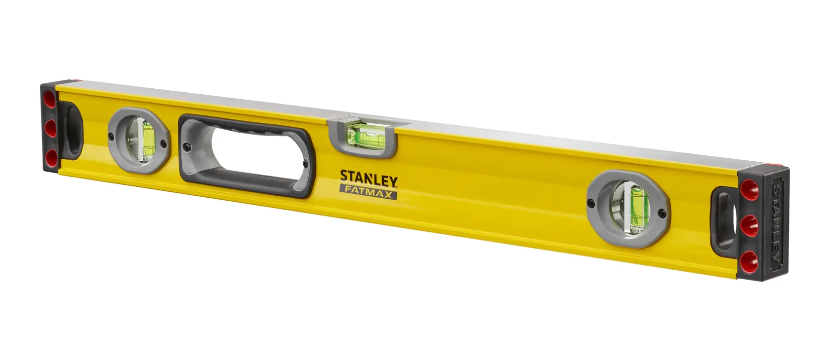 STANLEY 1-43-524 yellow spirit level with handle, three vials, side angle on white background.