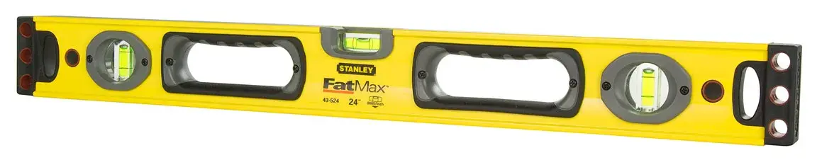 STANLEY 1-43-524 spirit level with handles, yellow body, side angle, FastMax branding, photography.