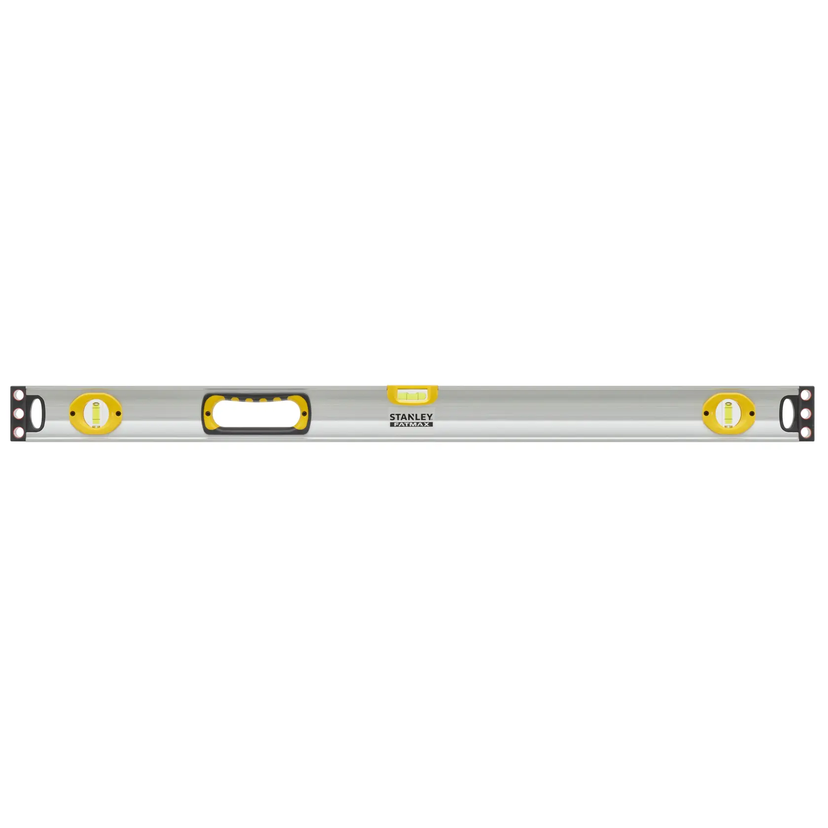 Photo of STANLEY 1-43-537 spirit level with silver body, yellow vial holders, and black handle, front angle.
