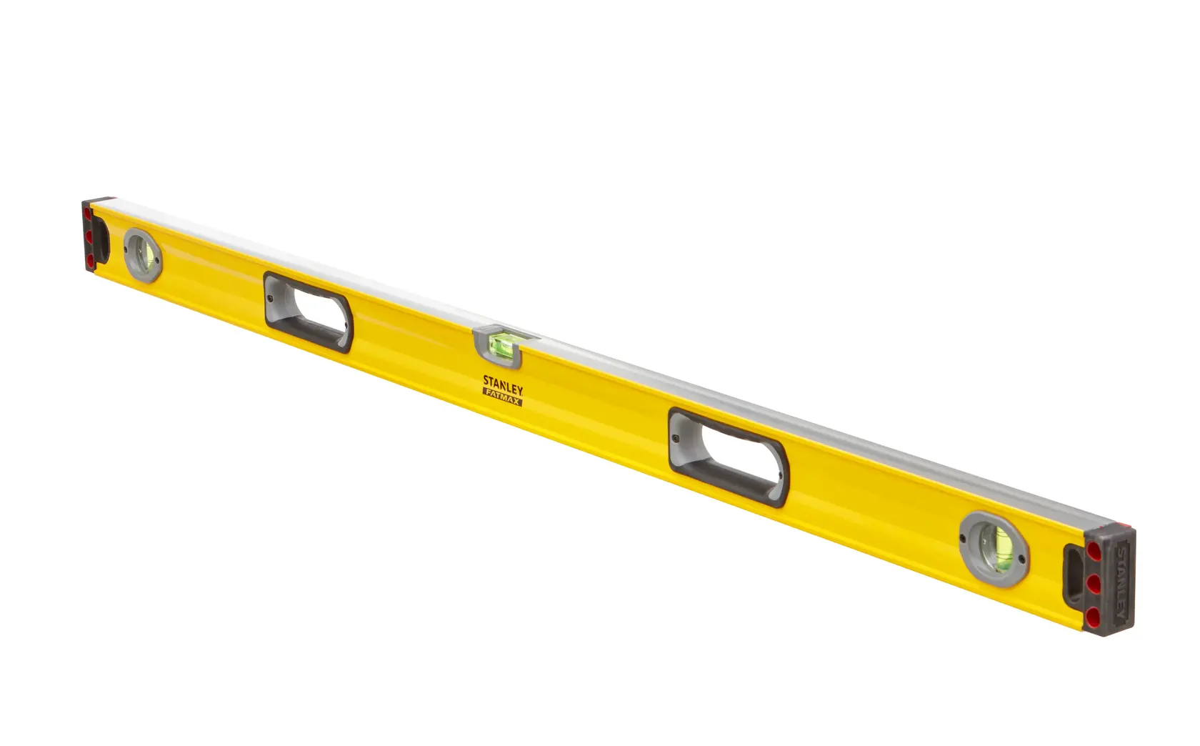 Stanley 1-43-548 yellow spirit level with three vials, side angle, photography product category.