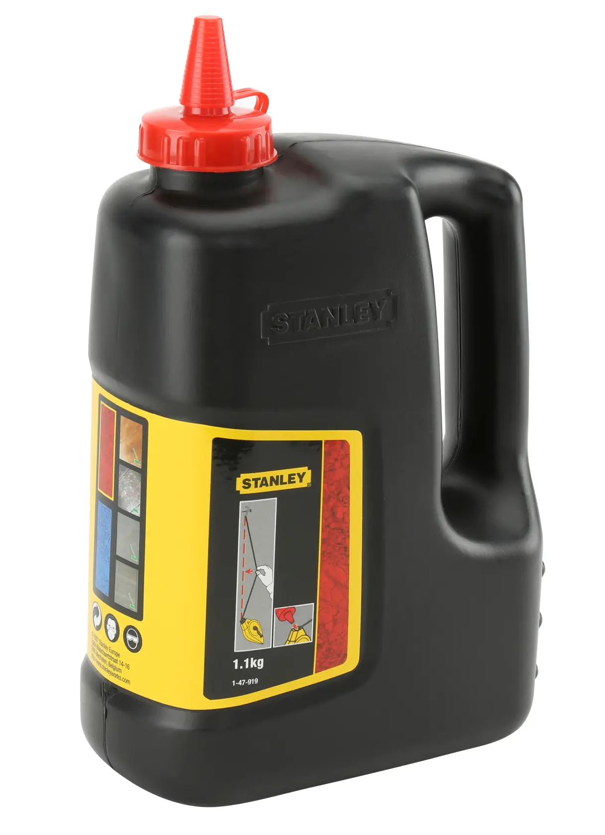 STANLEY 1-47-919 black chalk powder container with red dispensing cap, front angle, product label visible.