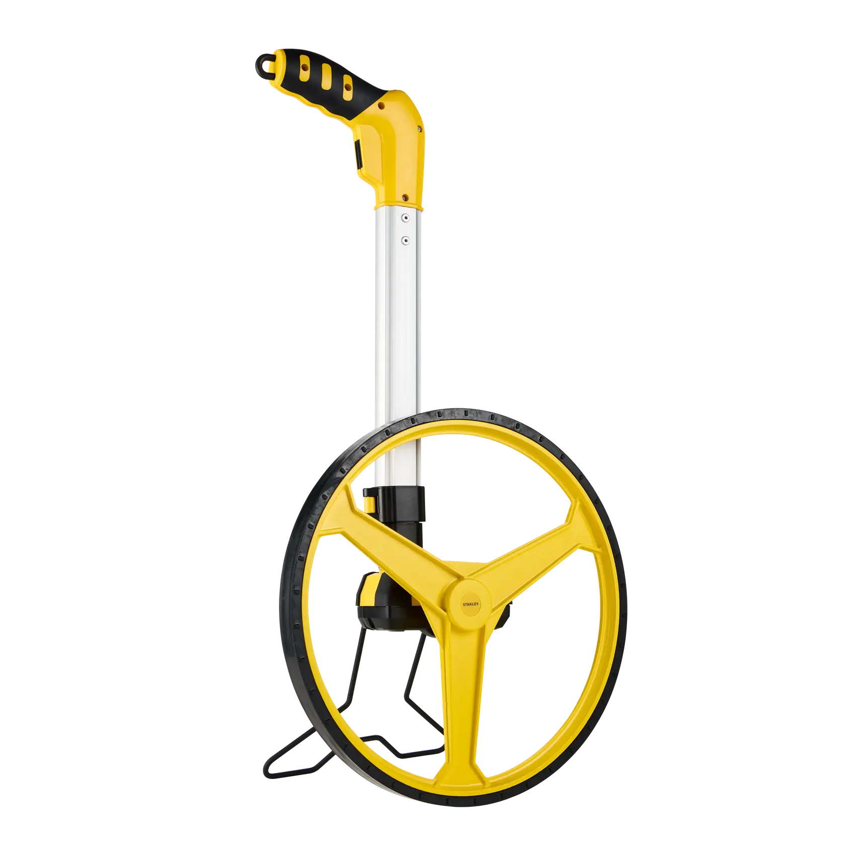 STANLEY 1-77-174 measuring wheel, yellow handle, side angle on white background.