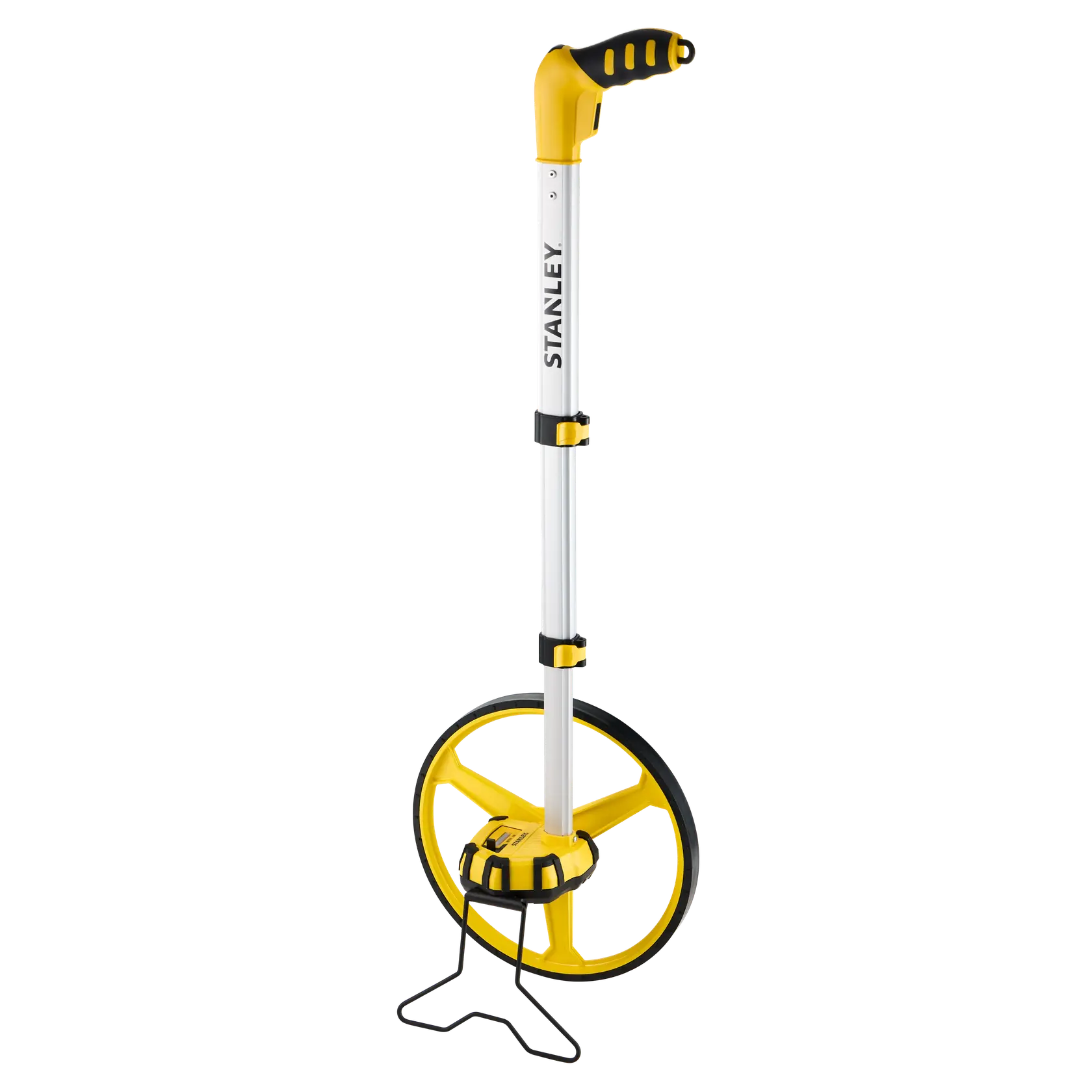 Photo of STANLEY 1-77-174 measuring wheel, yellow and black, side angle on white background.