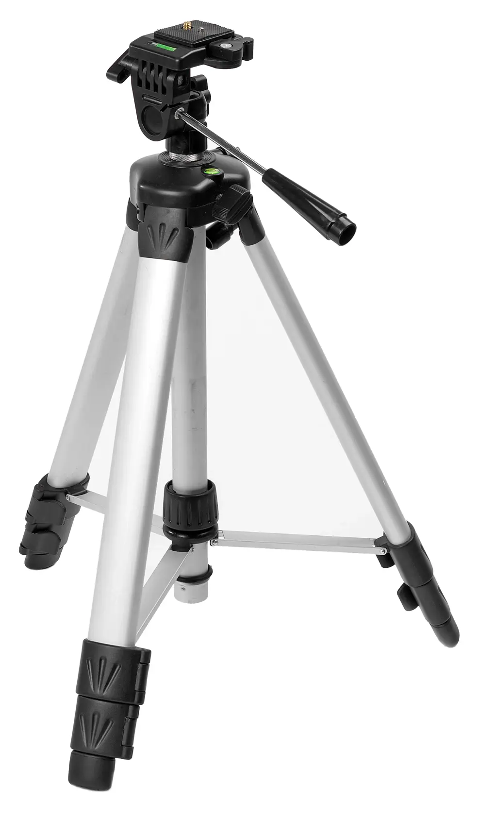 STANLEY 1-77-201 photography tripod, silver with black accents, front angle on white background.