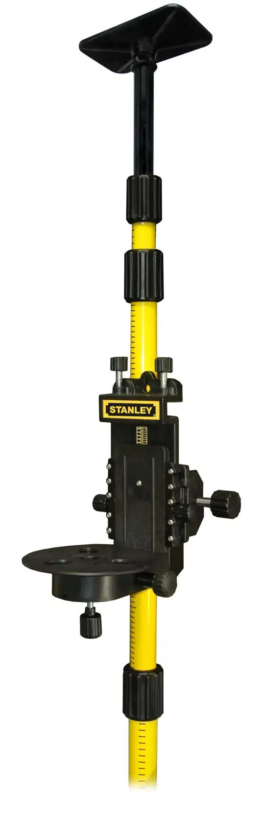Photo of STANLEY 1-77-221 telescopic yellow and black laser pole for photography, shown upright on white background.