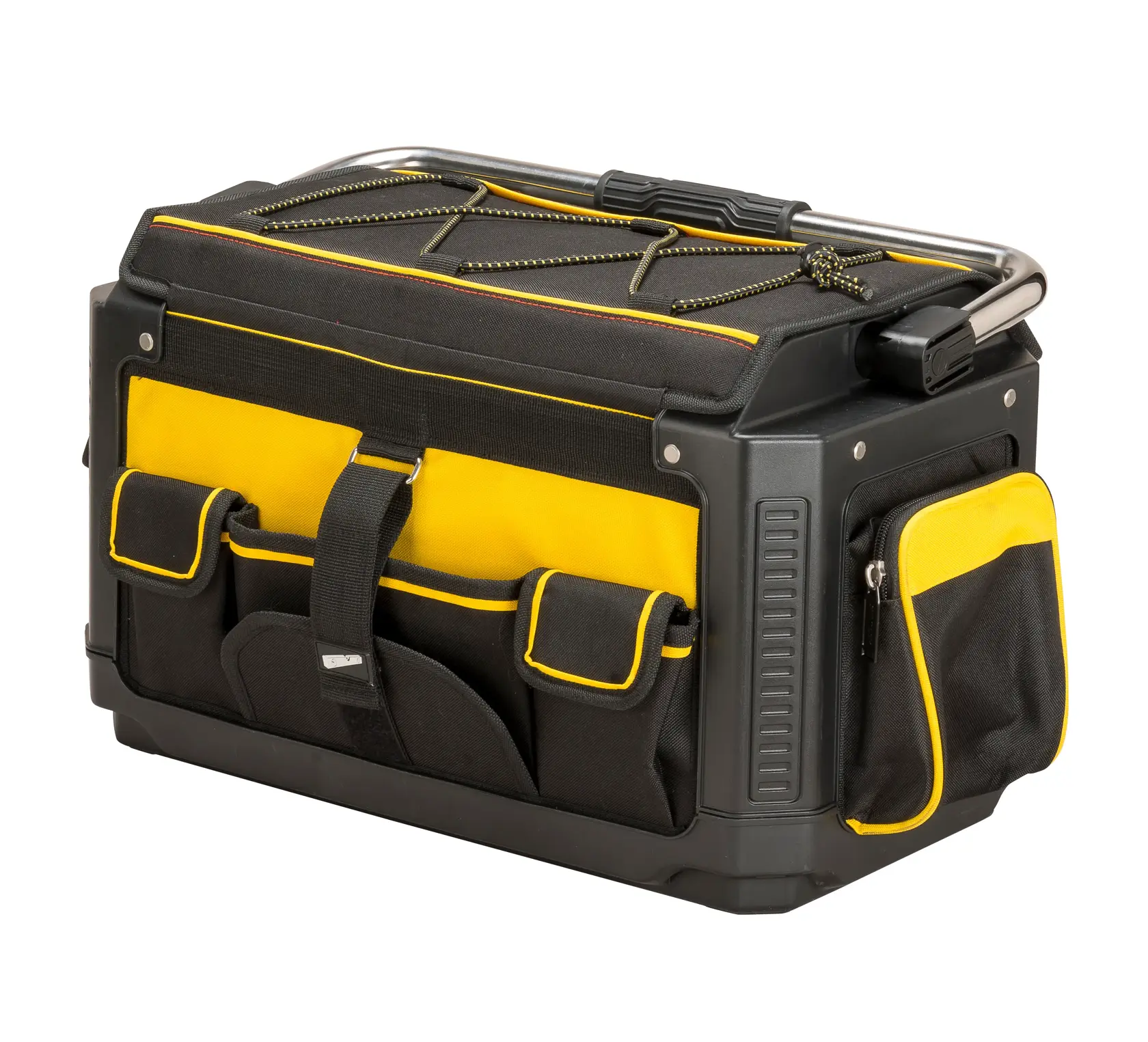 Stanley black and yellow tool bag with multiple pockets and a sturdy handle.