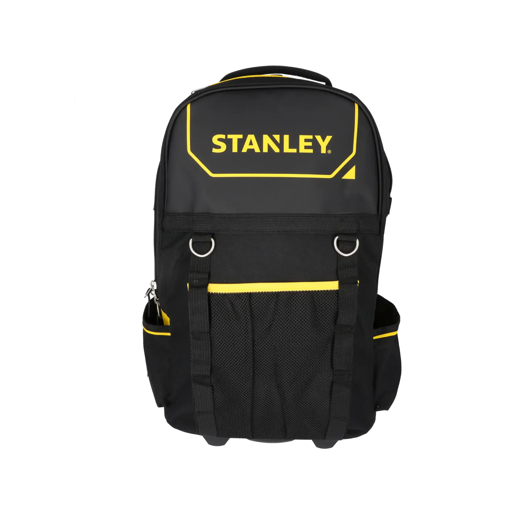 Stanley black and yellow rolling tool backpack with extendable handle, front pockets and durable fabric.