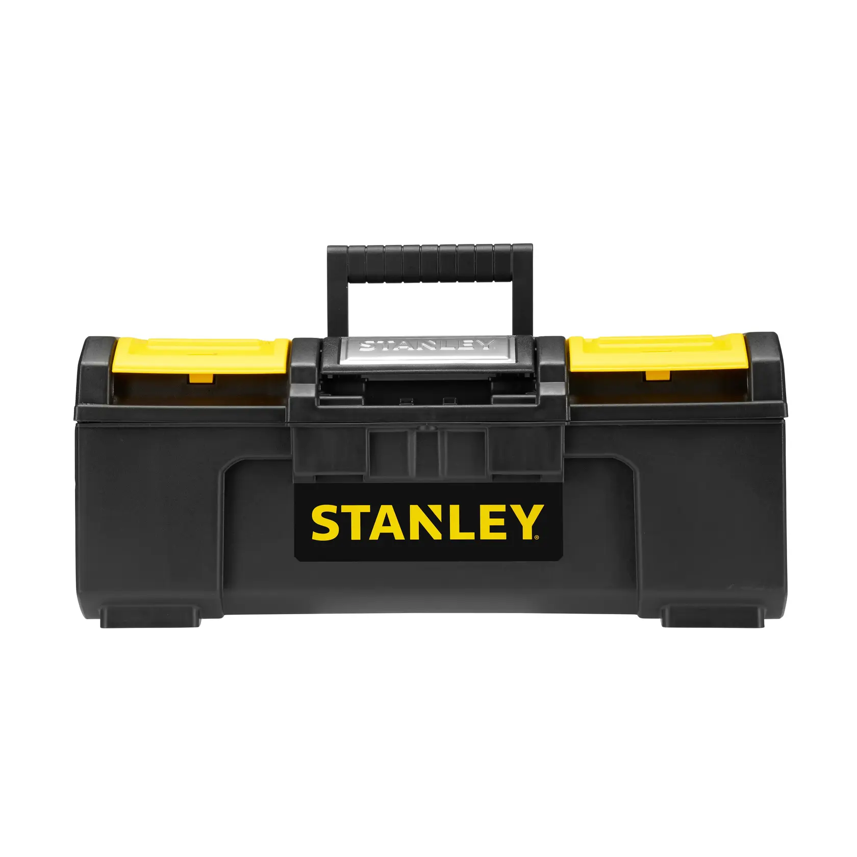 STANLEY 1-79-216 black and yellow toolbox, front view, with central handle and dual yellow latches.