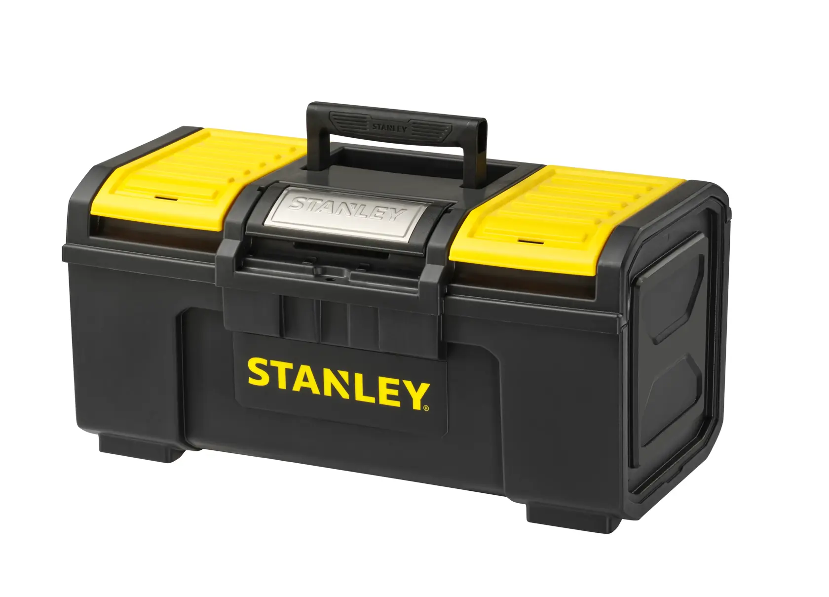 STANLEY 1-79-217 black and yellow plastic toolbox with metal latch, front angle, white background.