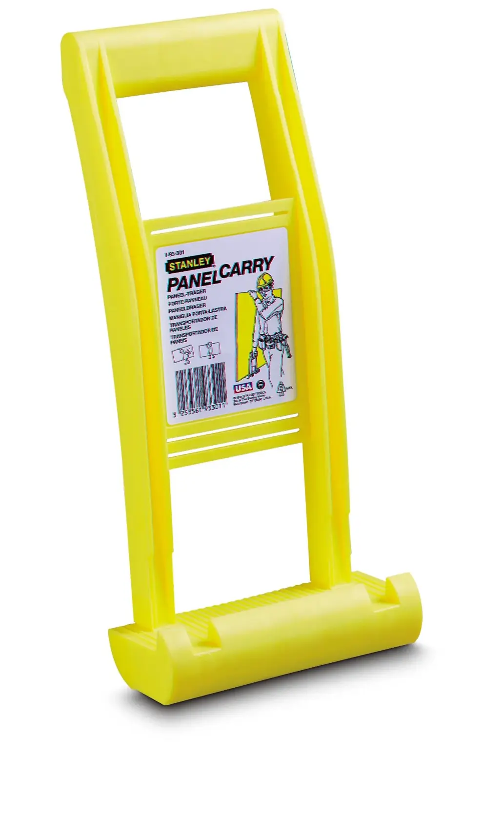 Yellow Stanley panel carry handle for lifting and transporting large panels, ergonomic and lightweight.