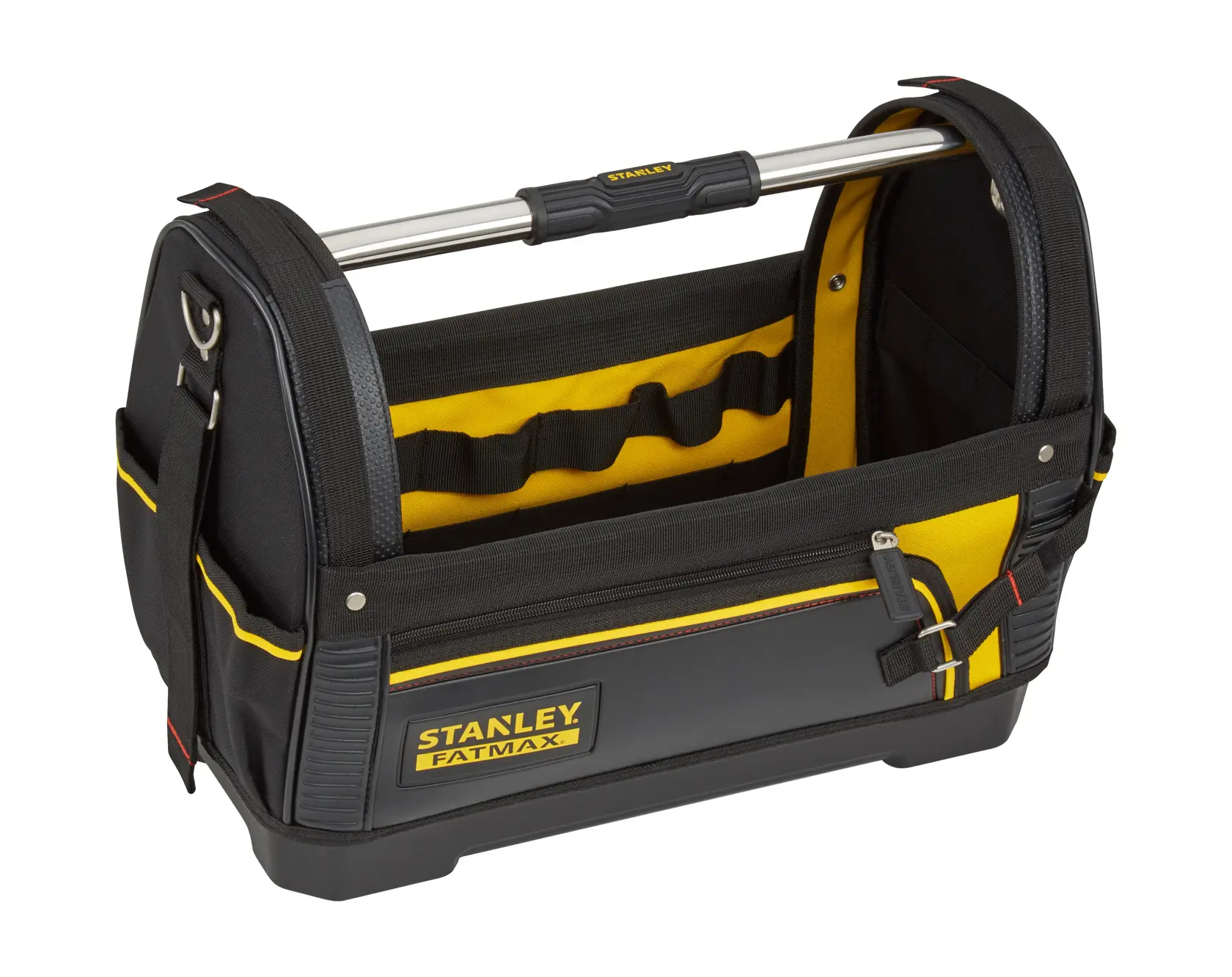 Open black and yellow tool bag with a metal handle and multiple compartments for organizing equipment.