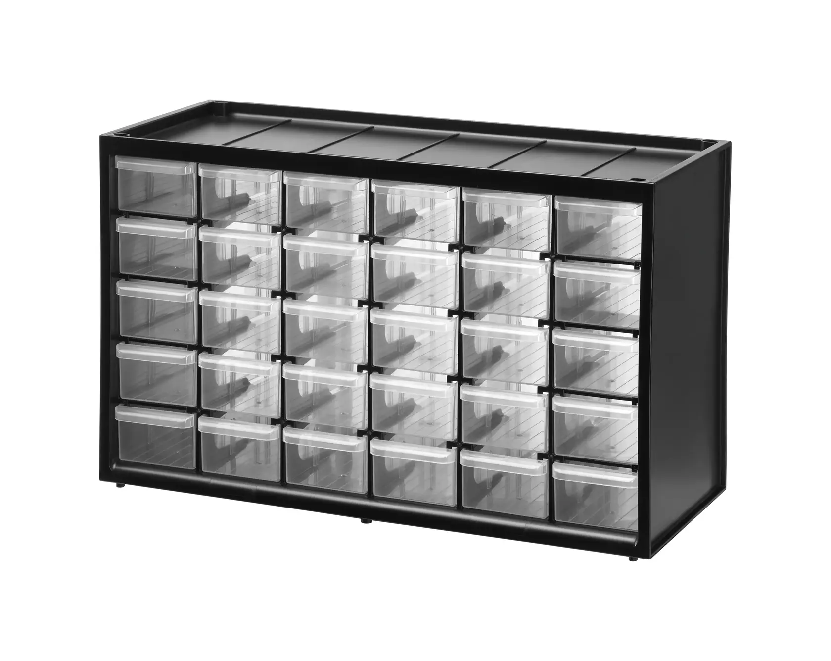 STANLEY 1-93-980 storage cabinet with 30 clear drawers, black plastic frame, front angle, photography