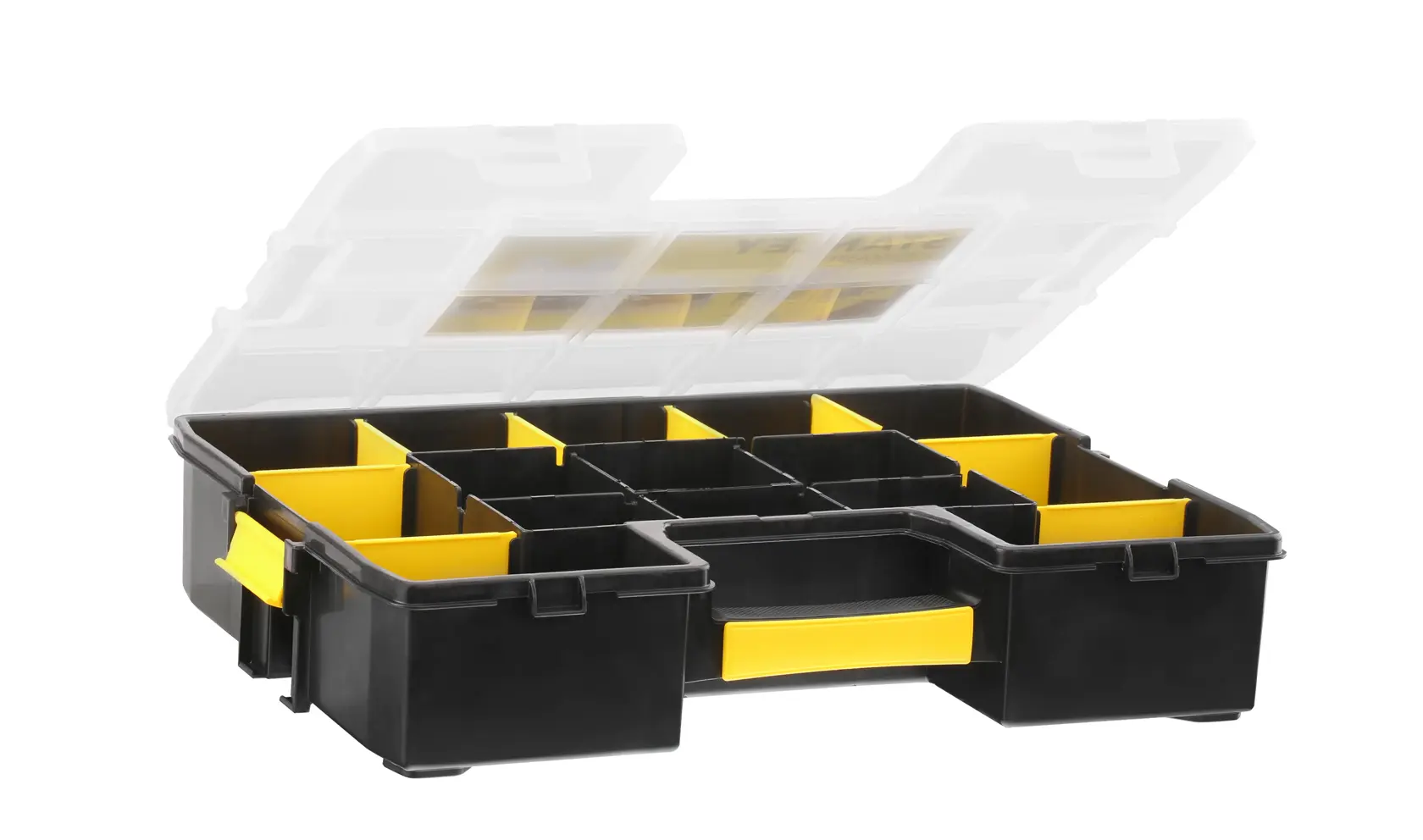 STANLEY 1-94-745 organizer, black with yellow dividers, open lid, front angle, photography.