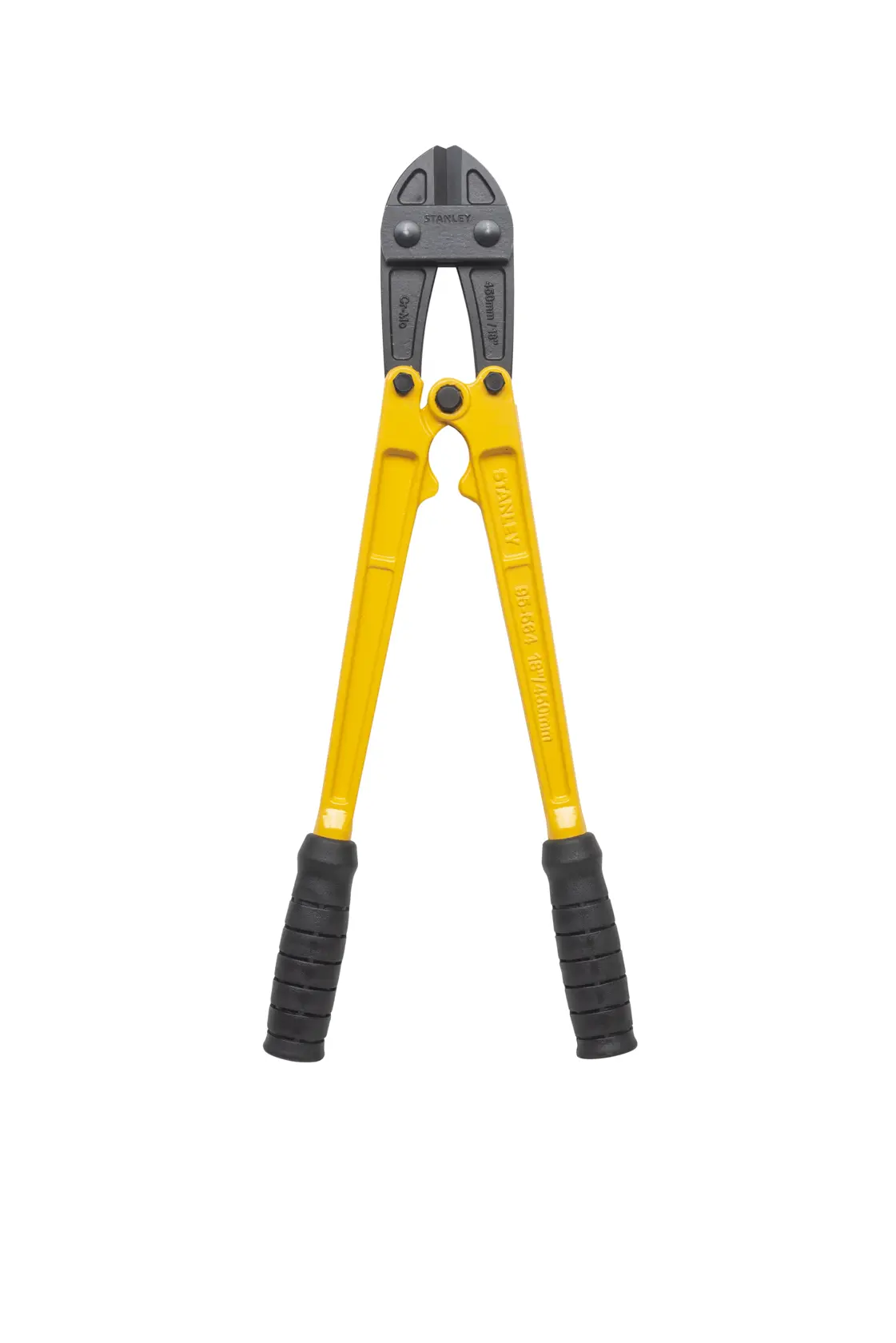 STANLEY 1-95-564 bolt cutter with yellow handles and black grips, side angle, photography category.