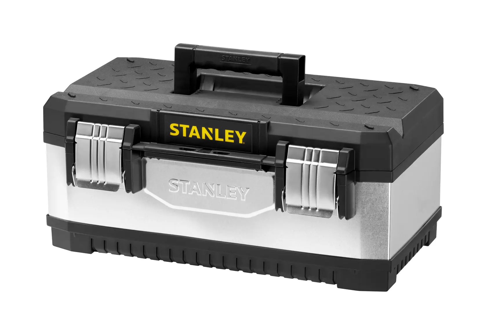 Stanley 1-95-618 toolbox, silver and black, front angle, metal latches, sturdy handle, white background.