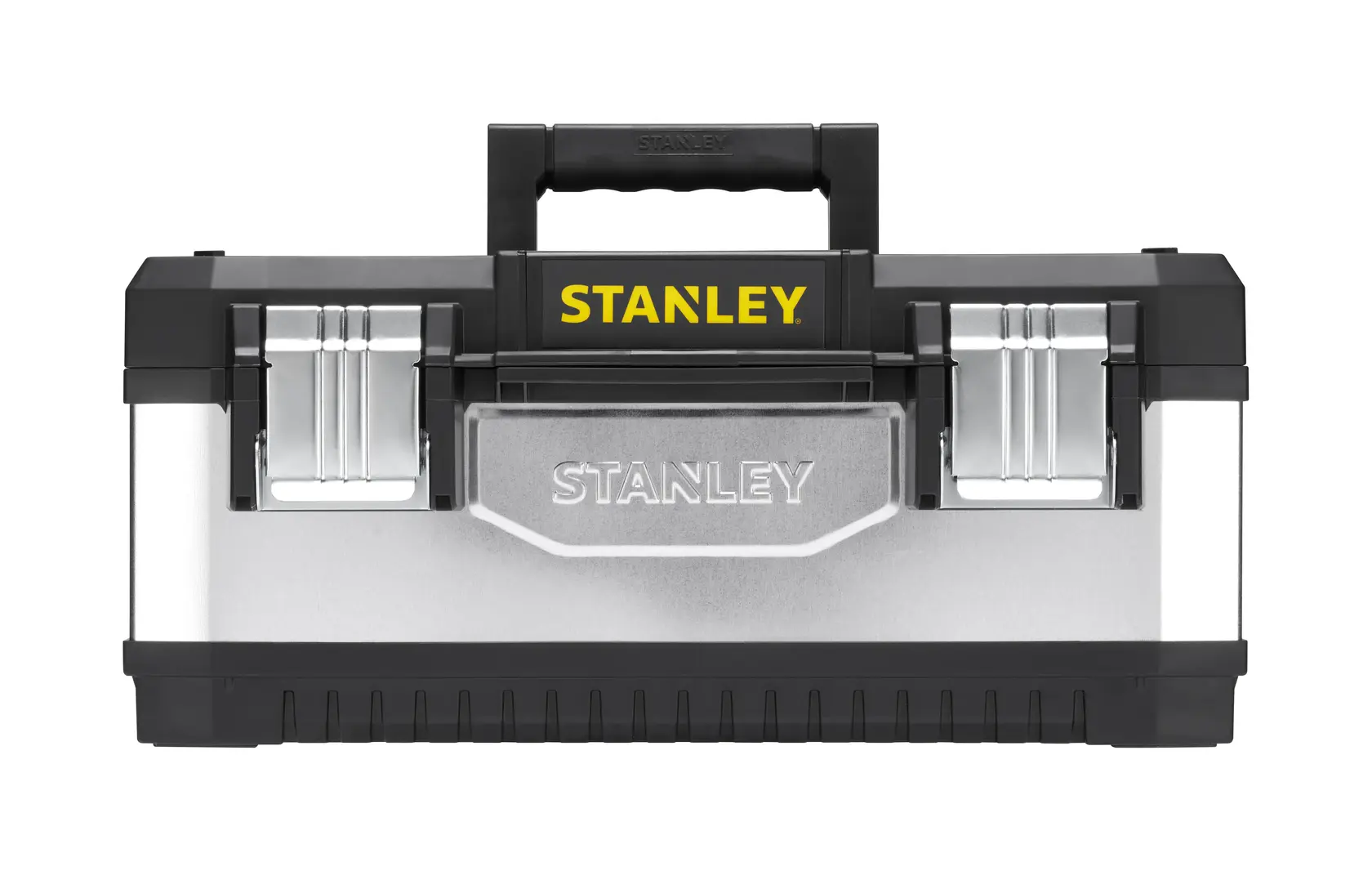 STANLEY 1-95-618 metal toolbox with black plastic handle, dual metal latches, front angle on white background.