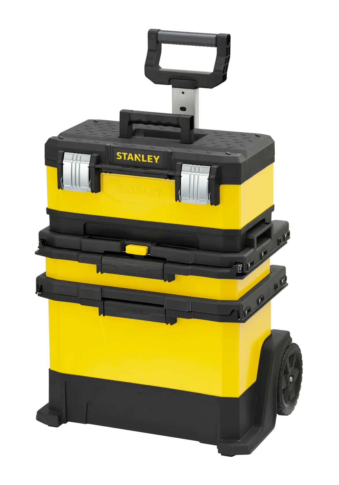 STANLEY 1-95-621 yellow and black rolling tool box stack with handle, photographed at front angle on white.