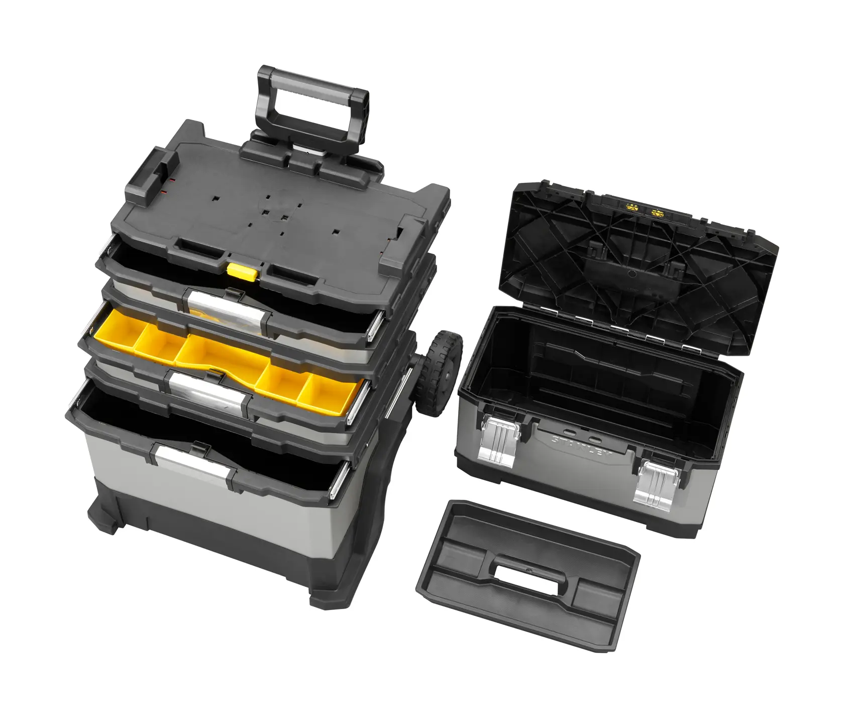 STANLEY 1-95-622 rolling tool box set, black and gray with yellow compartments, shown open at high angle.
