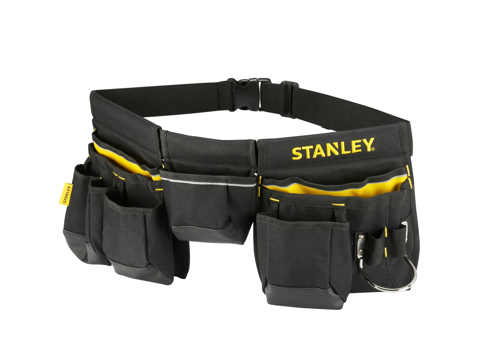 STANLEY 1-96-178 tool belt with multiple black and yellow pockets, front angle, on white background.