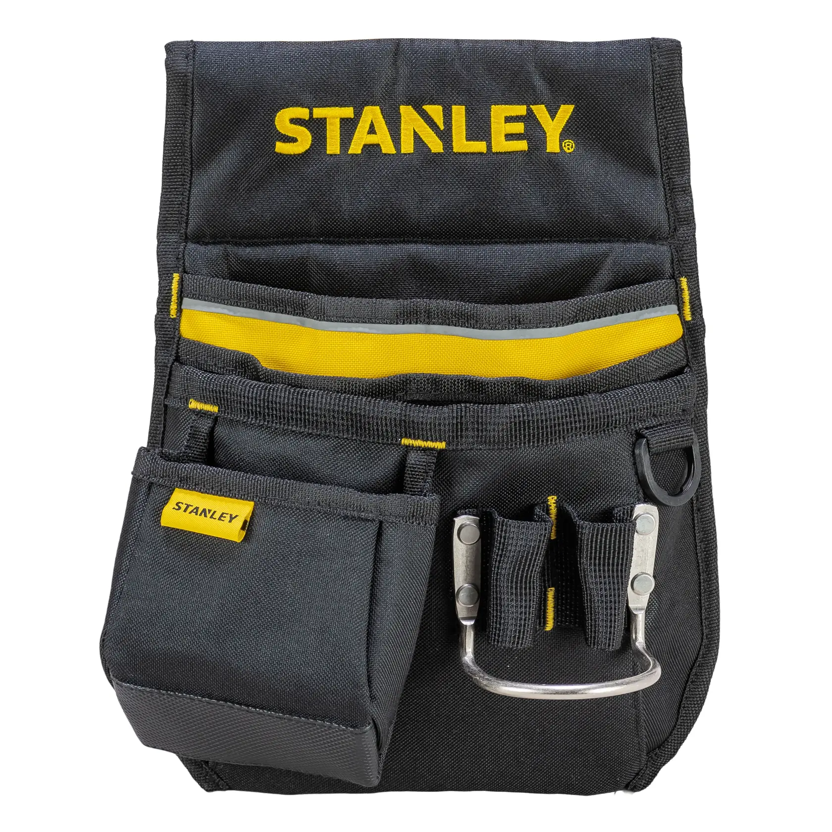 STANLEY 1-96-181 black tool pouch with multiple pockets and a metal holder, front view on white background.