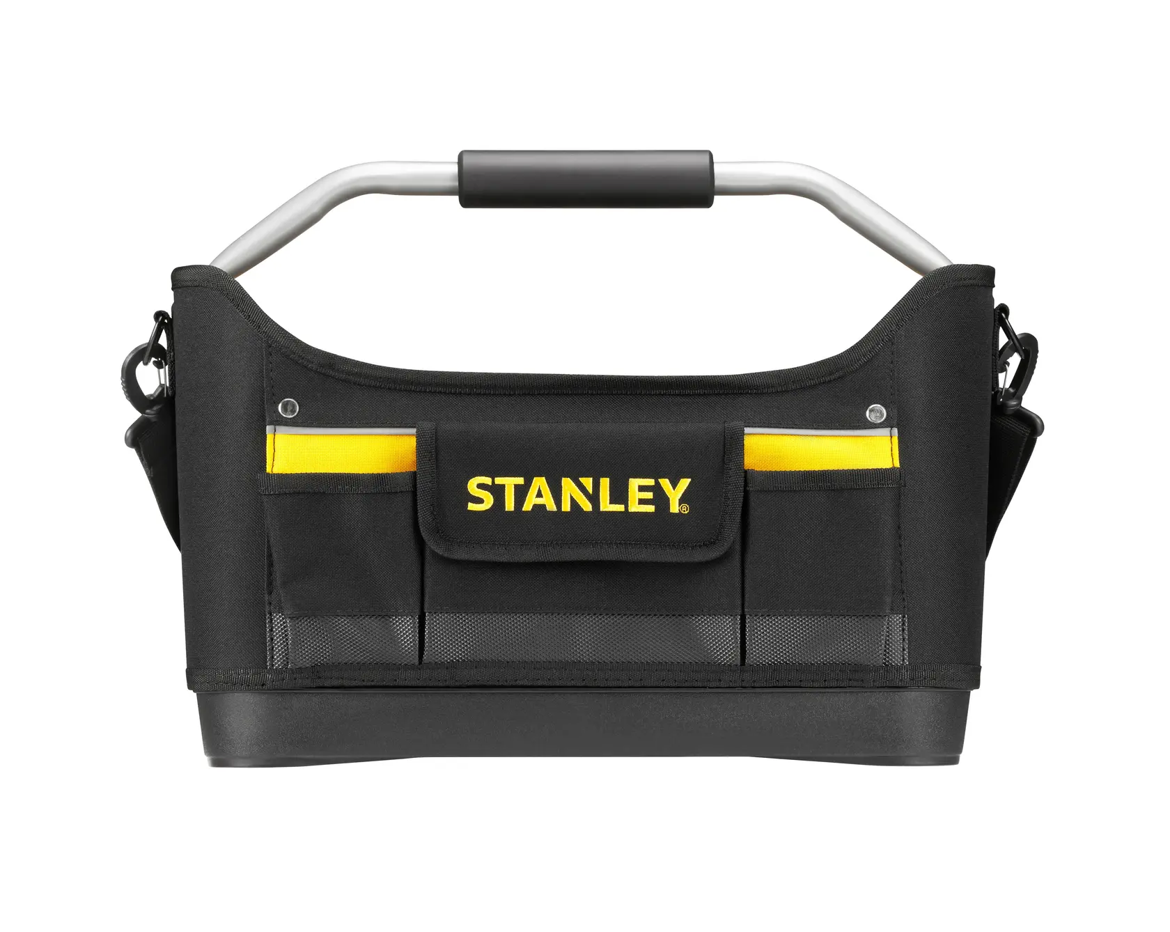 STANLEY 1-96-182 black tool bag with yellow accents, front view, sturdy handle, multiple pockets.