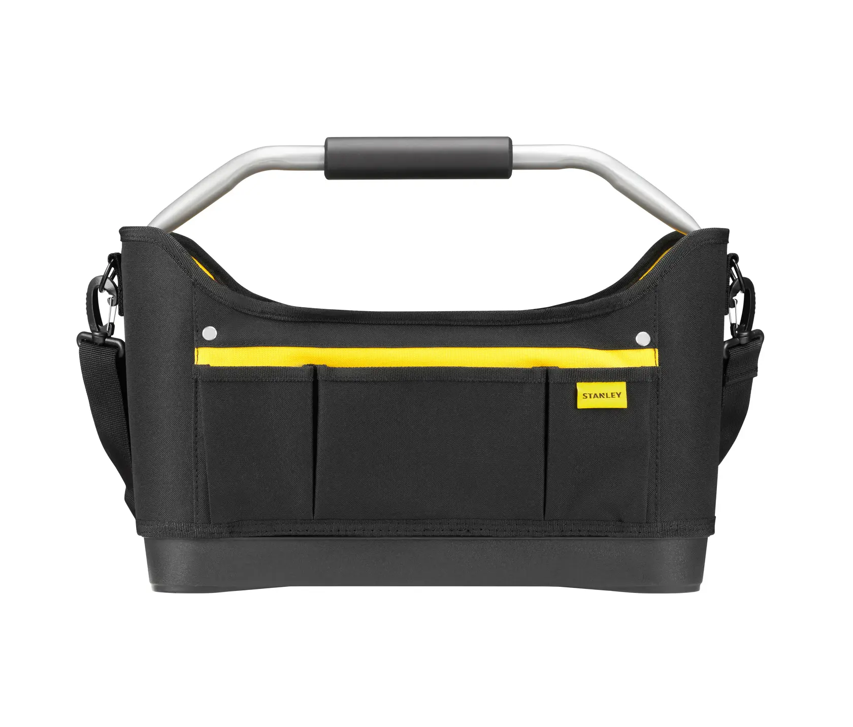 Photo of STANLEY 1-96-182 tool bag, black with yellow accents, front angle, sturdy metal handle.