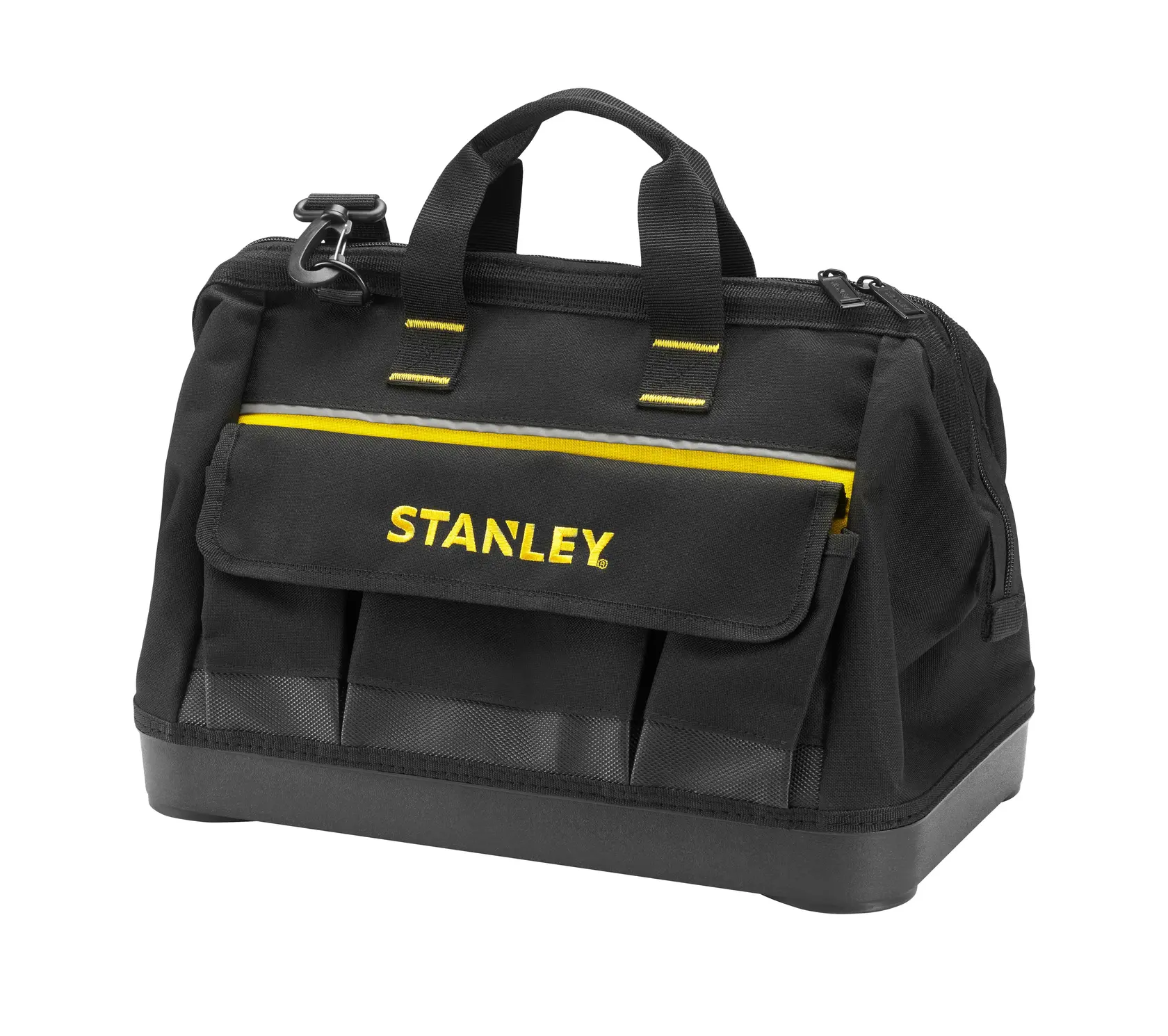 STANLEY 1-96-183 black tool bag with yellow accents, front view on white background, photography product category.