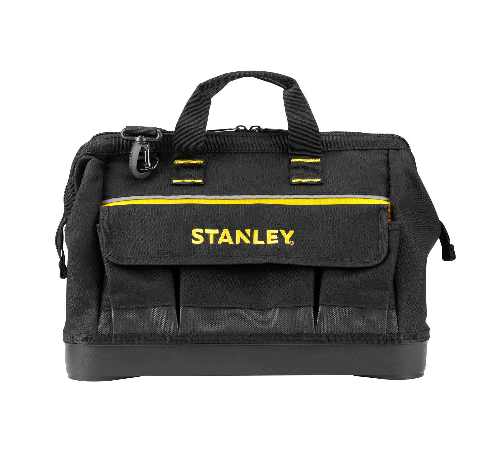 STANLEY 1-96-183 black tool bag with yellow trim, front pocket and handles, photography front angle.