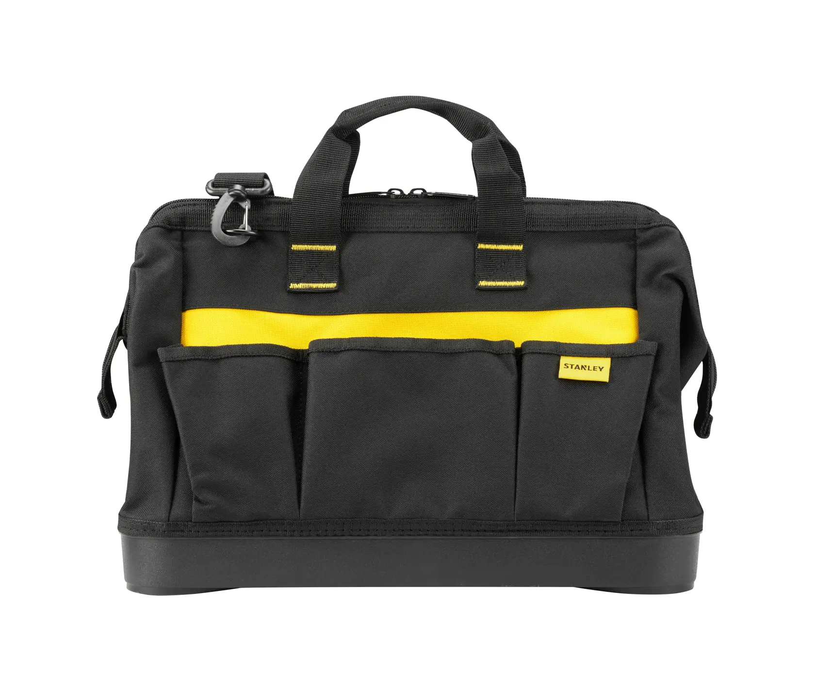 STANLEY 1-96-183 tool bag, black with yellow accents, three front pockets, front angle on white background.