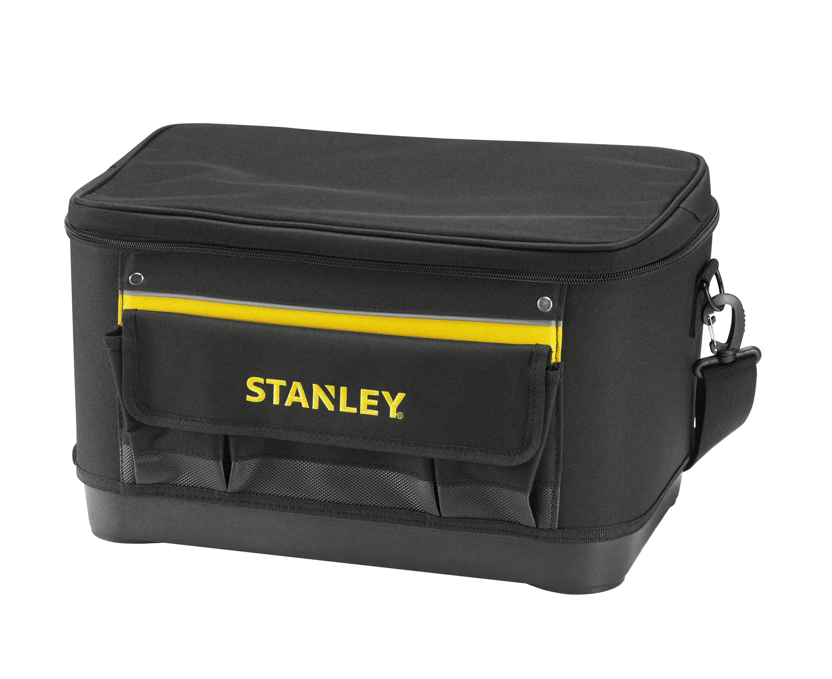 STANLEY 1-96-193 black tool bag with yellow accents, front pocket, and shoulder strap, front angle.