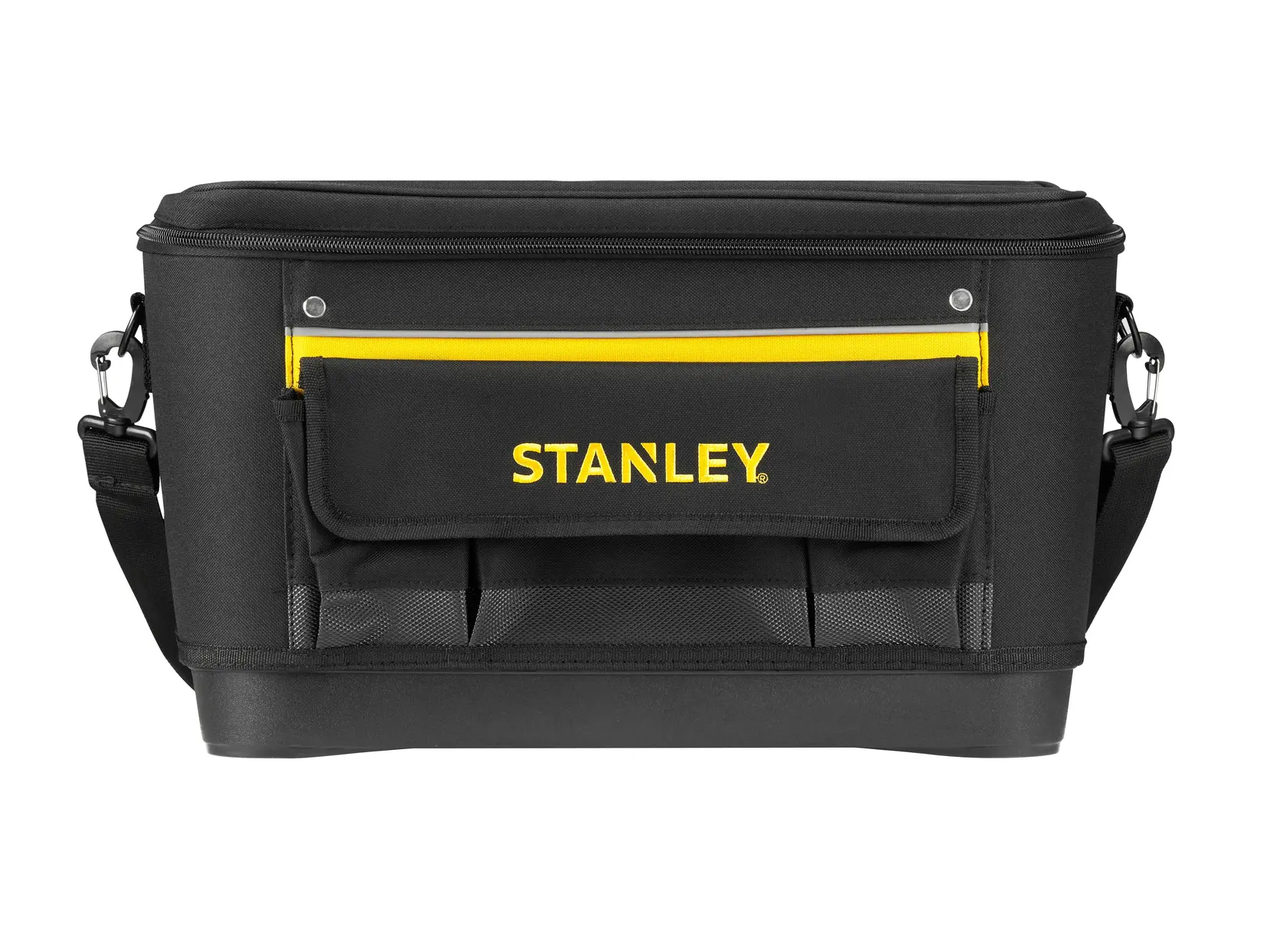 STANLEY 1-96-193 tool bag, black fabric with yellow accents, front angle, shoulder strap.