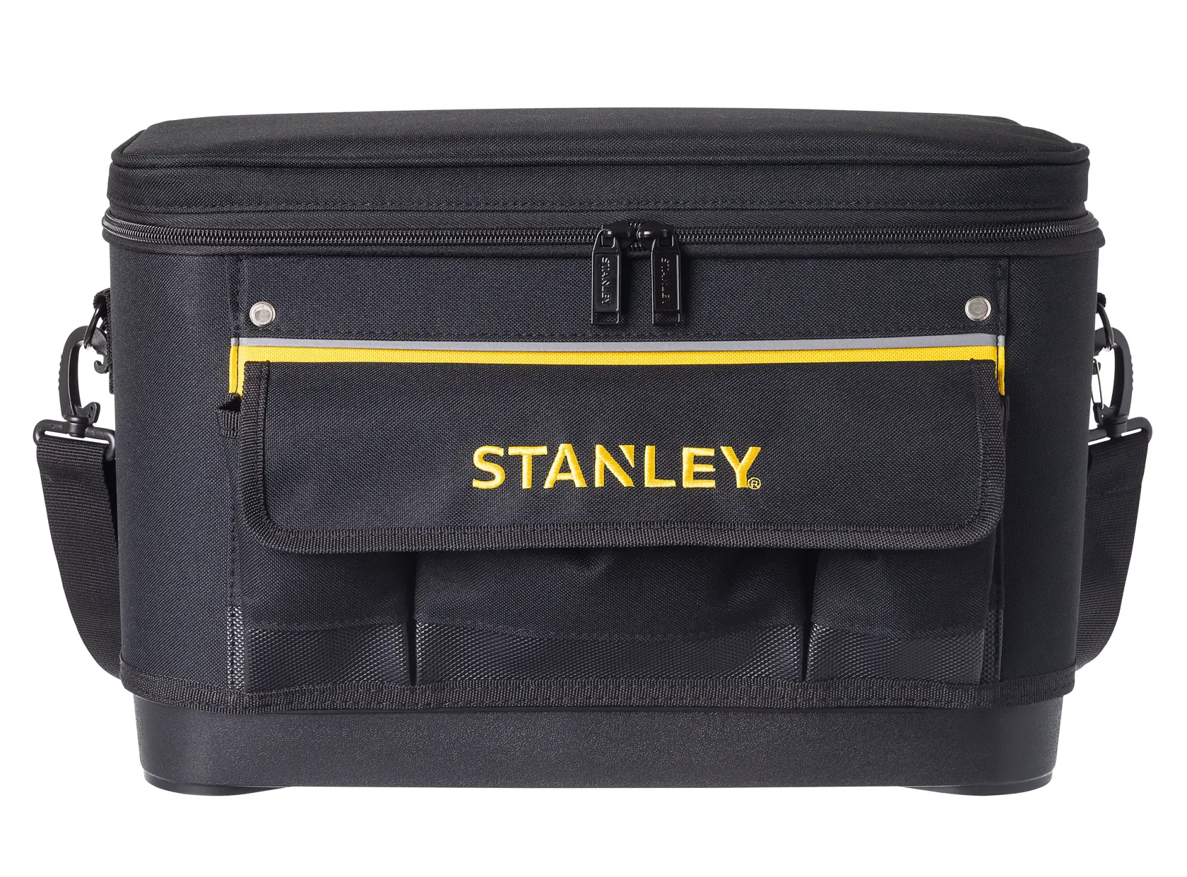 STANLEY 1-96-193 black soft tool bag with front pockets, yellow trim, and shoulder strap, front view.