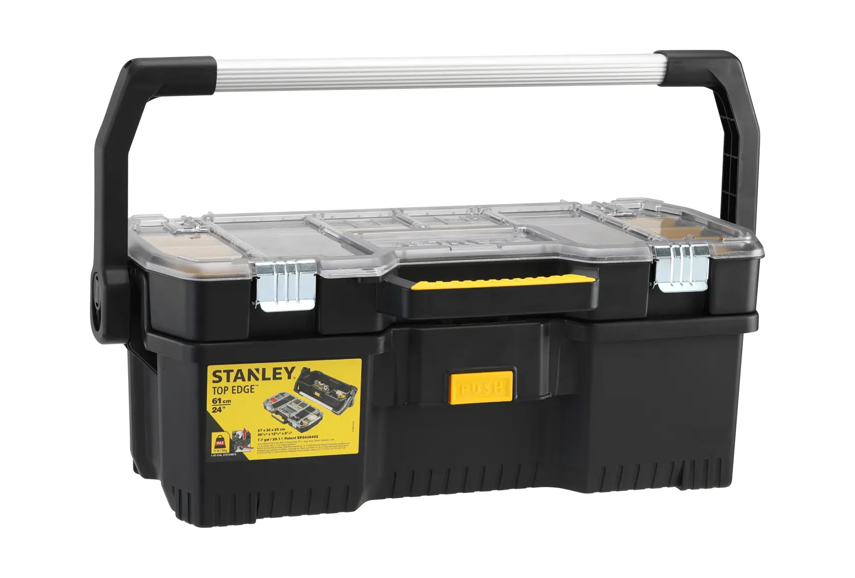 STANLEY SKU 1-97-514 black plastic toolbox with transparent lid compartments, metal latches, and large carrying handle, front angle.