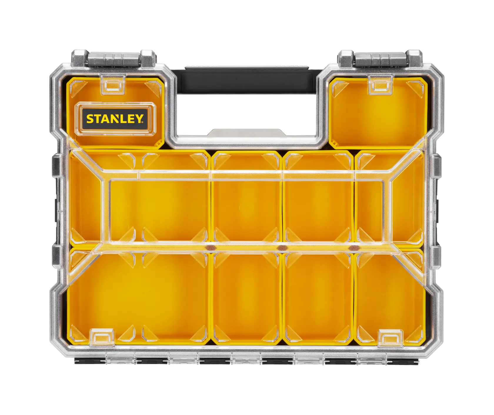 Stanley yellow plastic organizer case with clear lid and black handle, divided into compartments.