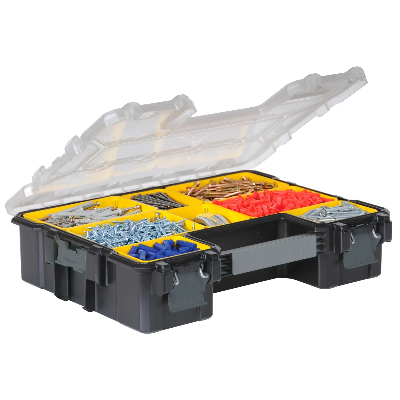 Stanley organizer box with compartments, open lid, holding screws and hardware in yellow trays.