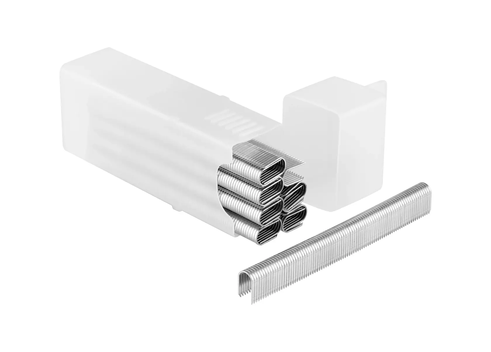 Close-up of metal staples arranged in stacks, with a white plastic case partially visible in the background.