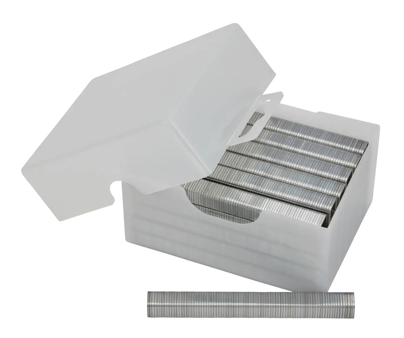Plastic box with silver staples, lid open, one staple strip placed in front.