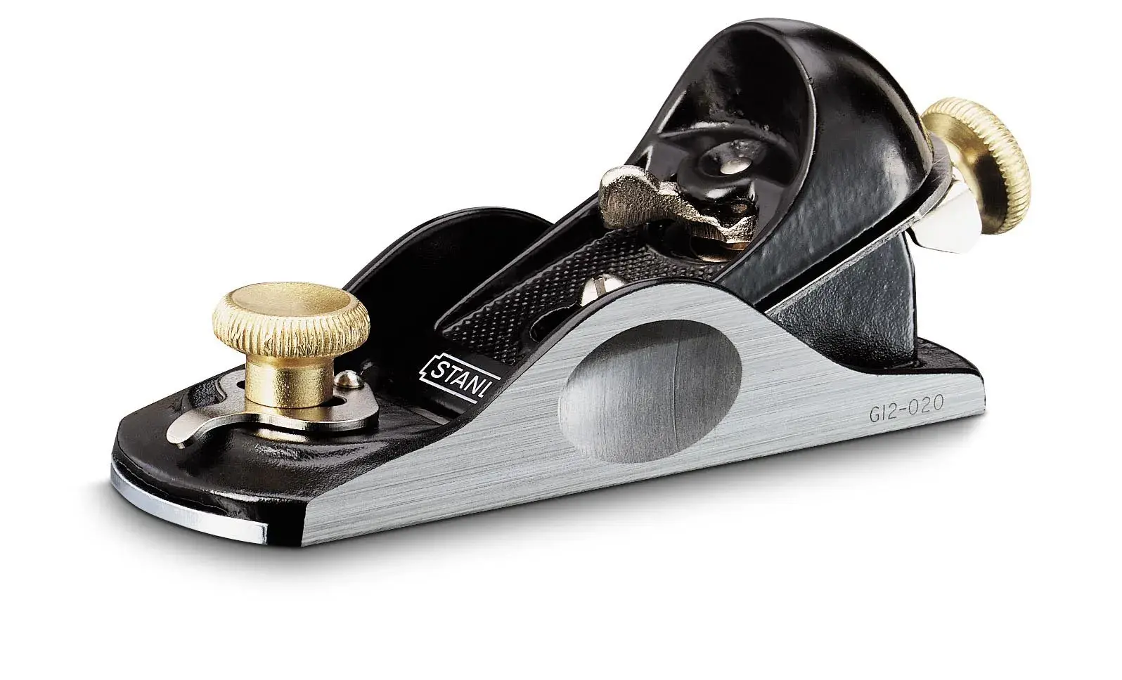 STANLEY hand plane with brass knobs, SKUs 12-020, 1-12-020, 5-12-020, side angle, photography category.