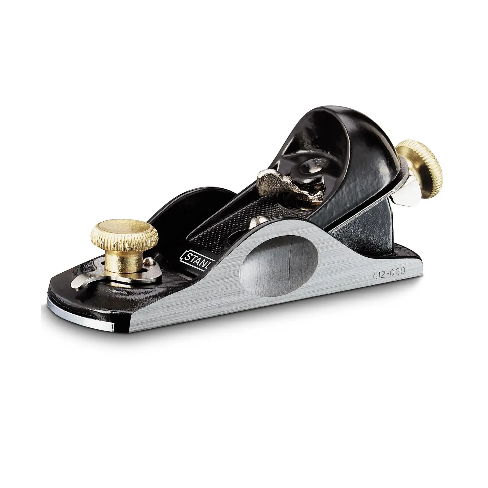 STANLEY hand plane with brass knobs, SKUs 12-020, 1-12-020, 5-12-020, side angle on white background.