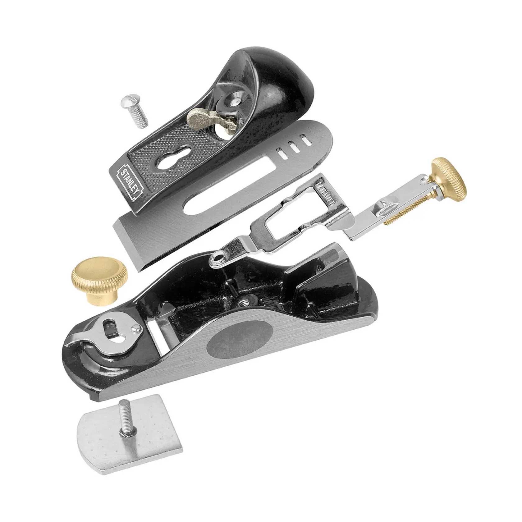 STANLEY photography of 12-020, 1-12-020, 5-12-020 hand plane parts disassembled, shown from top angle.