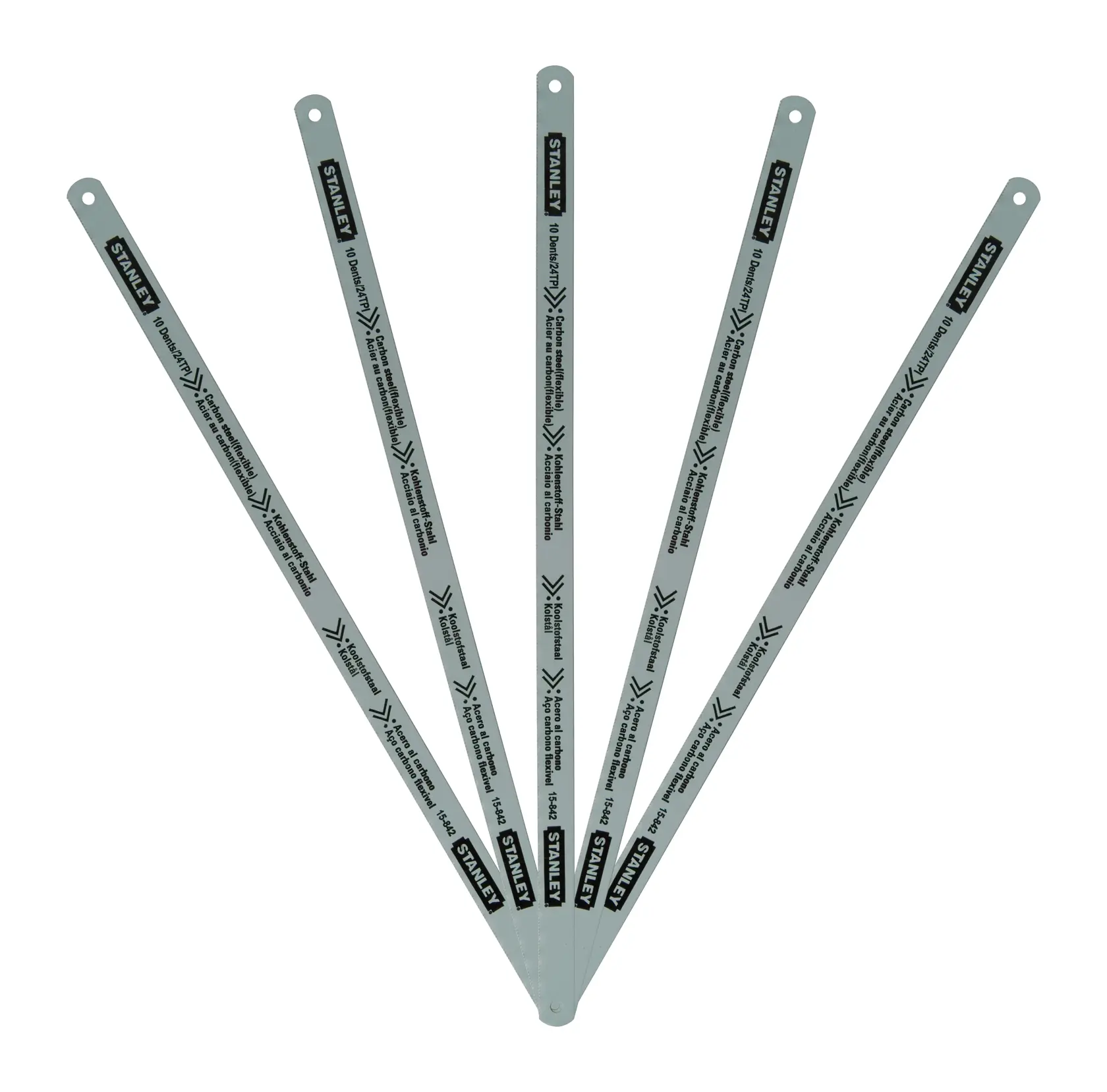 STANLEY 1-15-842 Packung mit 100 24TPI Sägeblättern, schwarze und gelbe Verpackung, Rückansicht.
