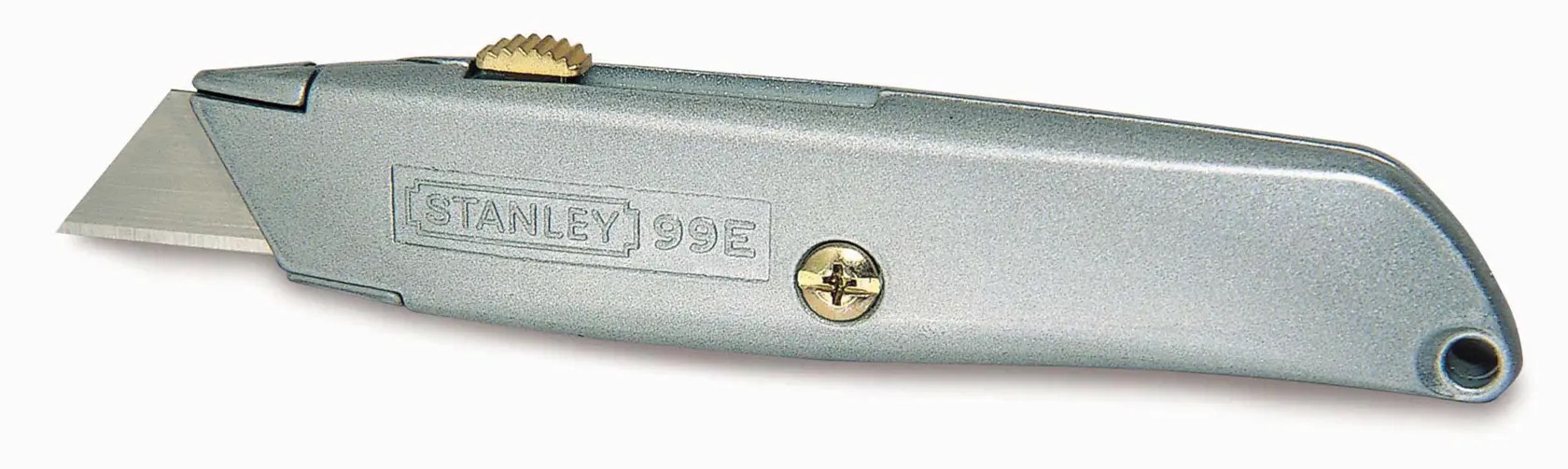 STANLEY 2-10-099 silbernes Universalmesser Seitenansicht, gerader Griff mit sichtbarer Klinge.