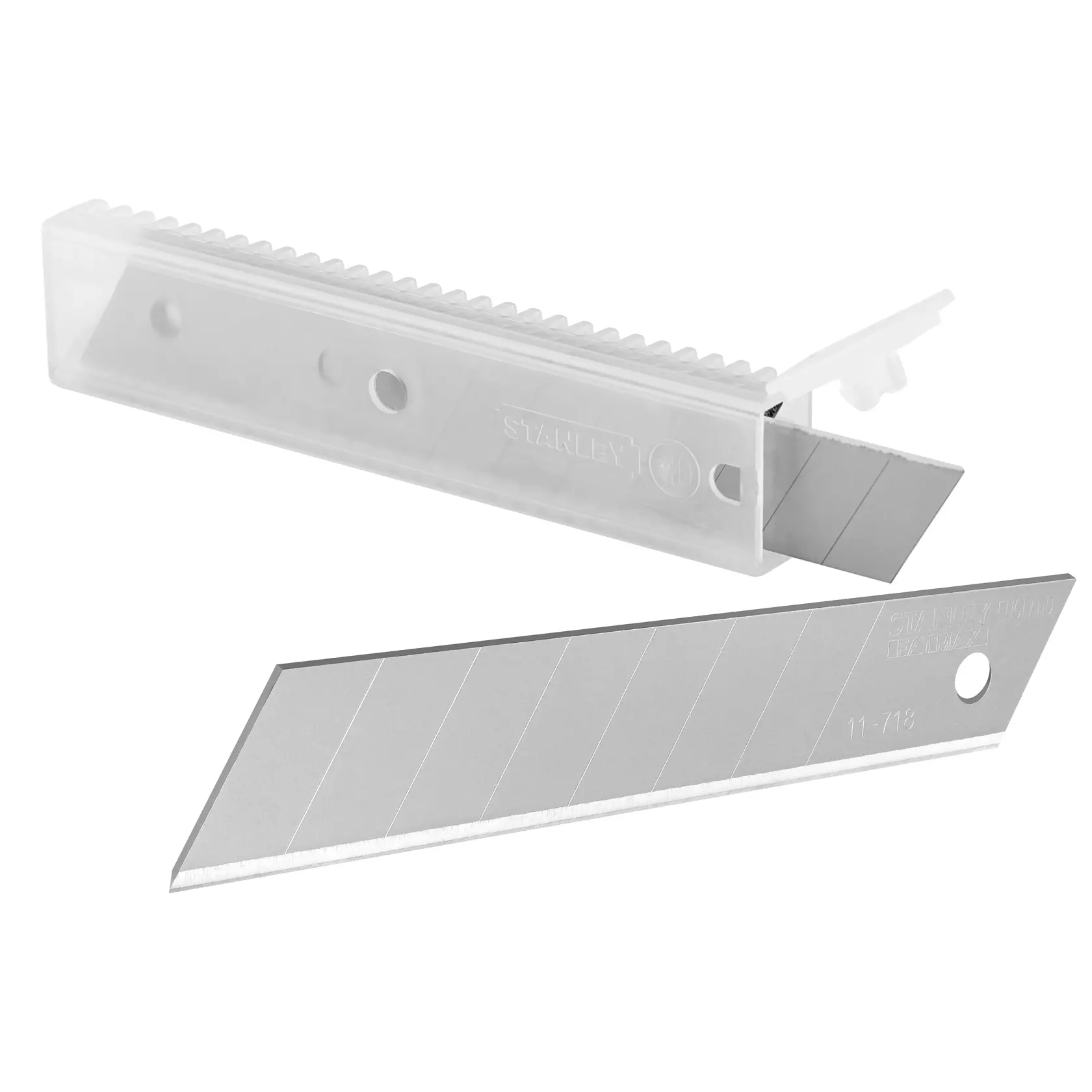 STANLEY 2-11-718 snap-off utility blades with plastic case, side angle, silver metal finish.