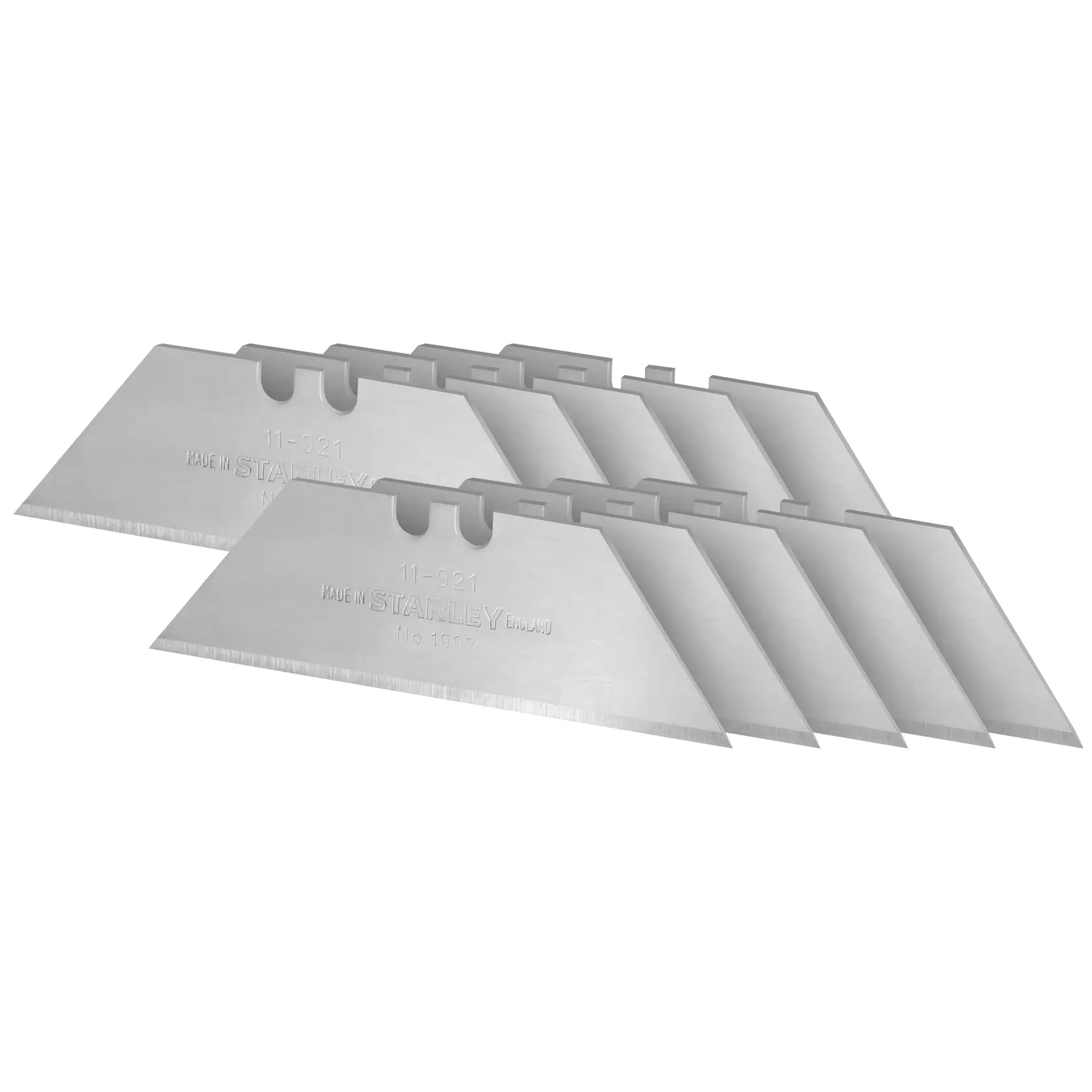 STANLEY 2-11-921 Cutterklingen, silberfarben, schräge Fotografie von gestapelten Klingen.