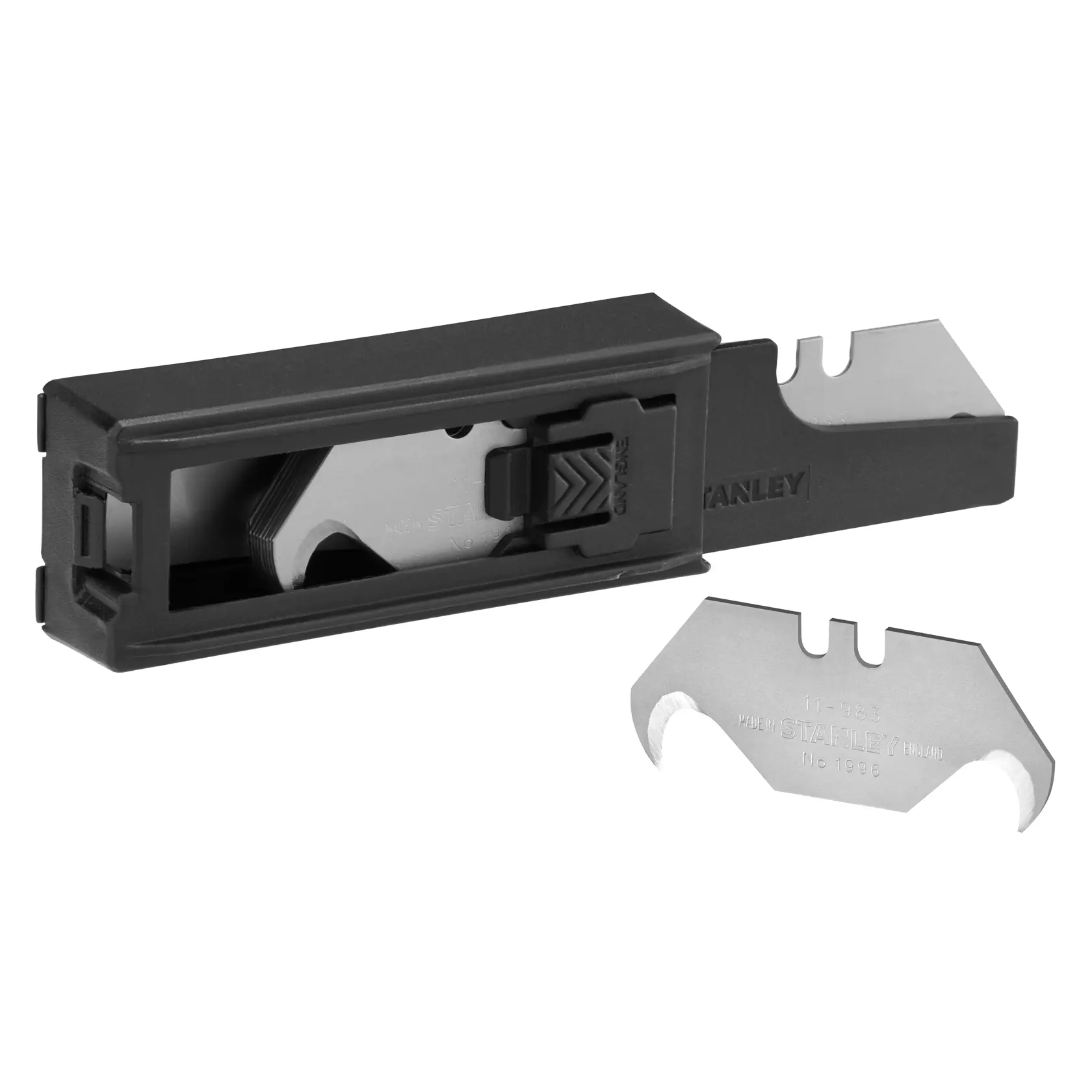 Stanley utility blade dispenser with spare blades, one blade is displayed in front of the dispenser.