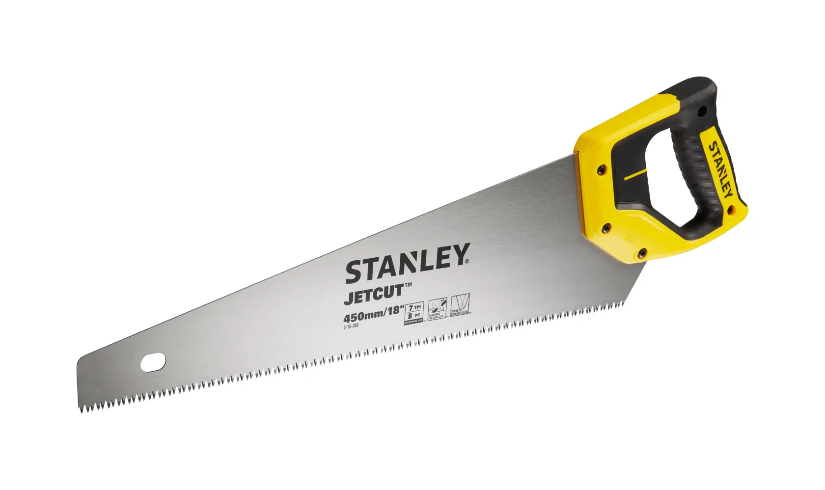 Stanley Jetcut Handsäge mit gelb-schwarzem Griff, 450-mm-Blatt, geeignet für Holzarbeiten.