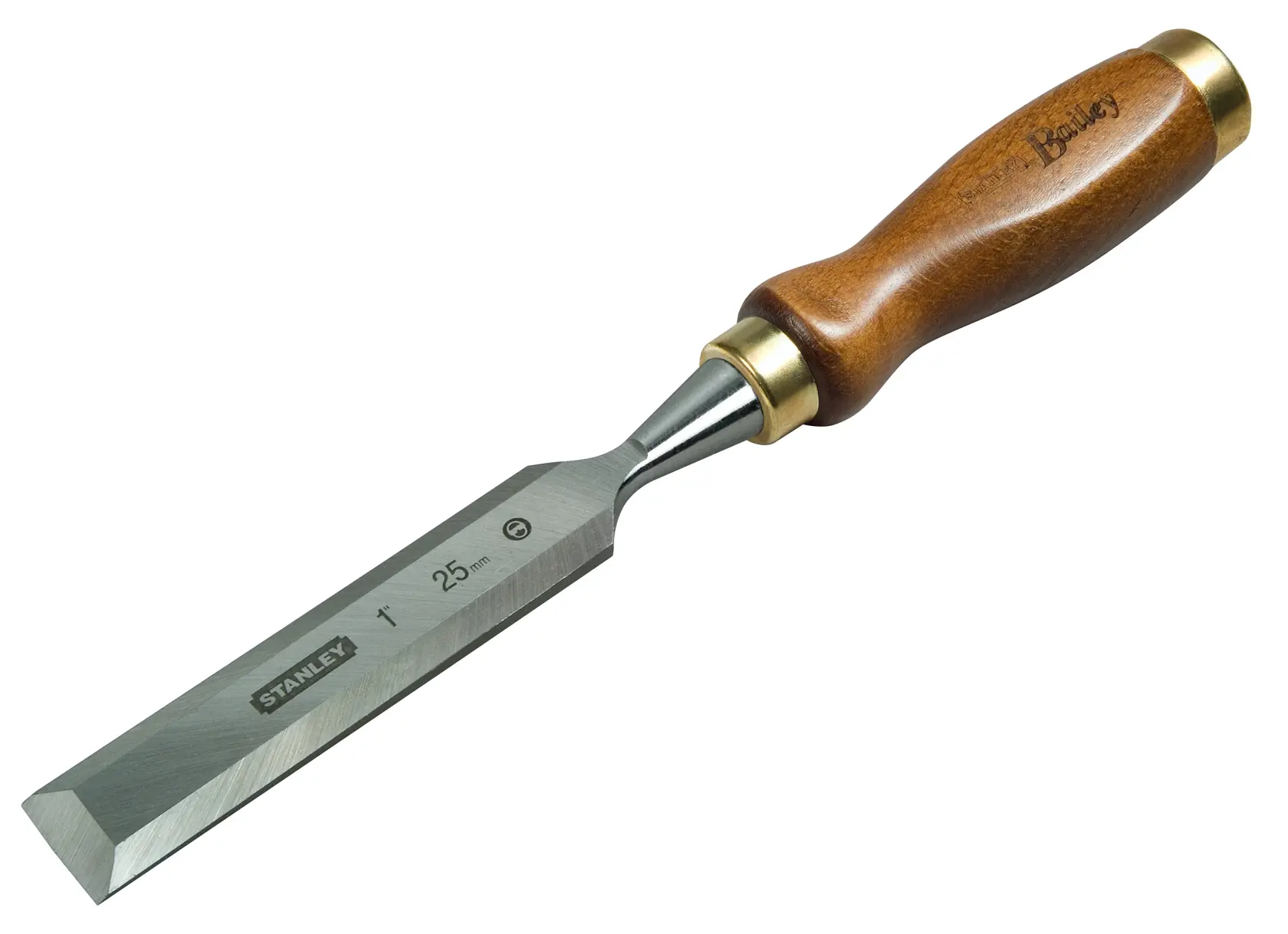 STANLEY 2-16-392 wood chisel with polished steel blade and wooden handle, front angle photo.