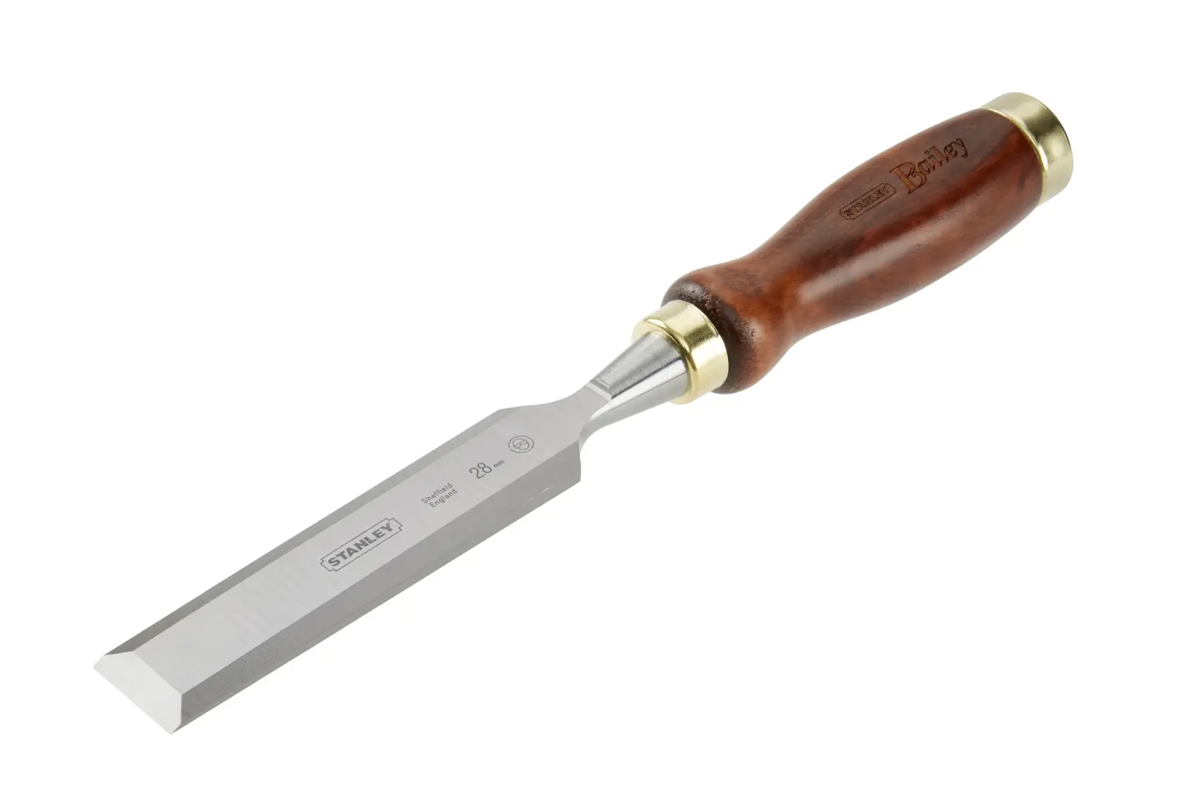 STANLEY 2-16-393 wood chisel with polished blade and dark wooden handle, side angle photo.