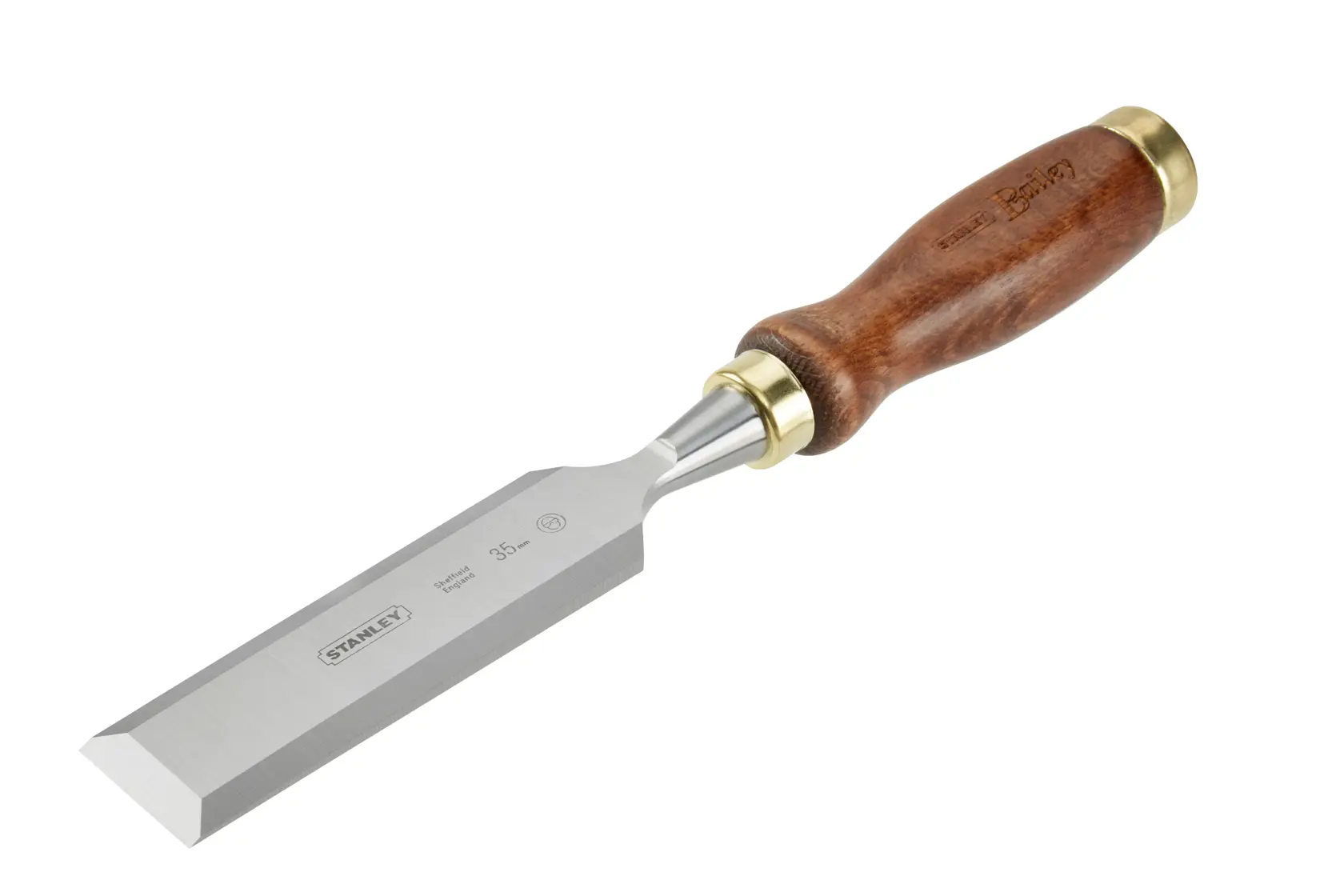 Photo of STANLEY 2-16-395 woodworking chisel with beveled steel blade and wooden handle, angled on white background.