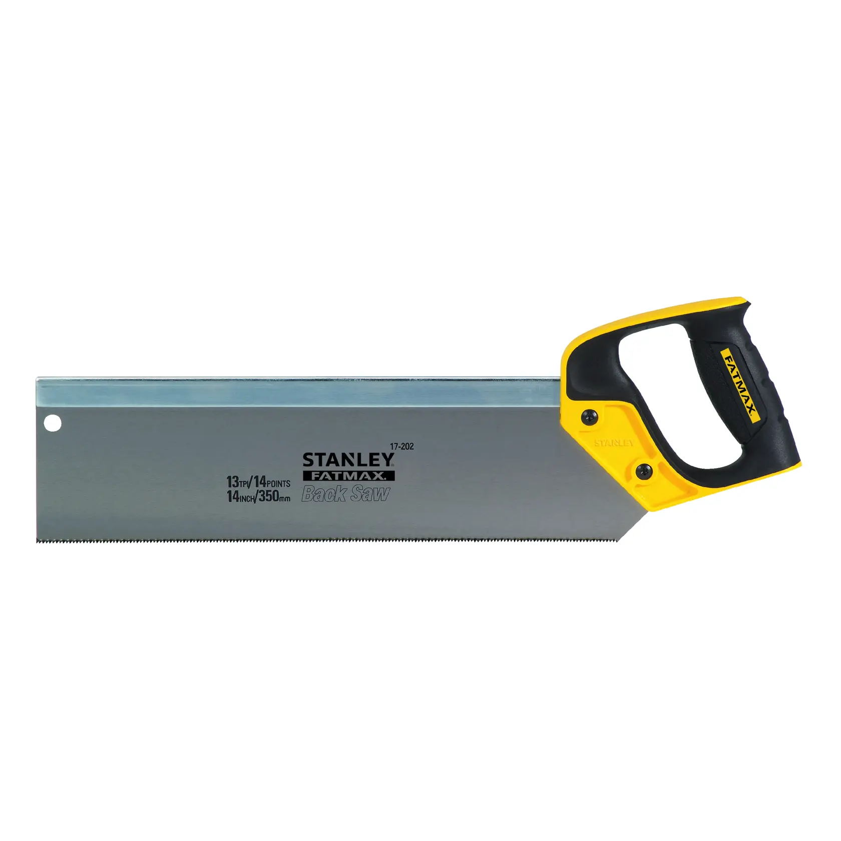 Stanley Fatmax back saw with yellow and black handle and steel blade, suitable for precise woodworking cuts.